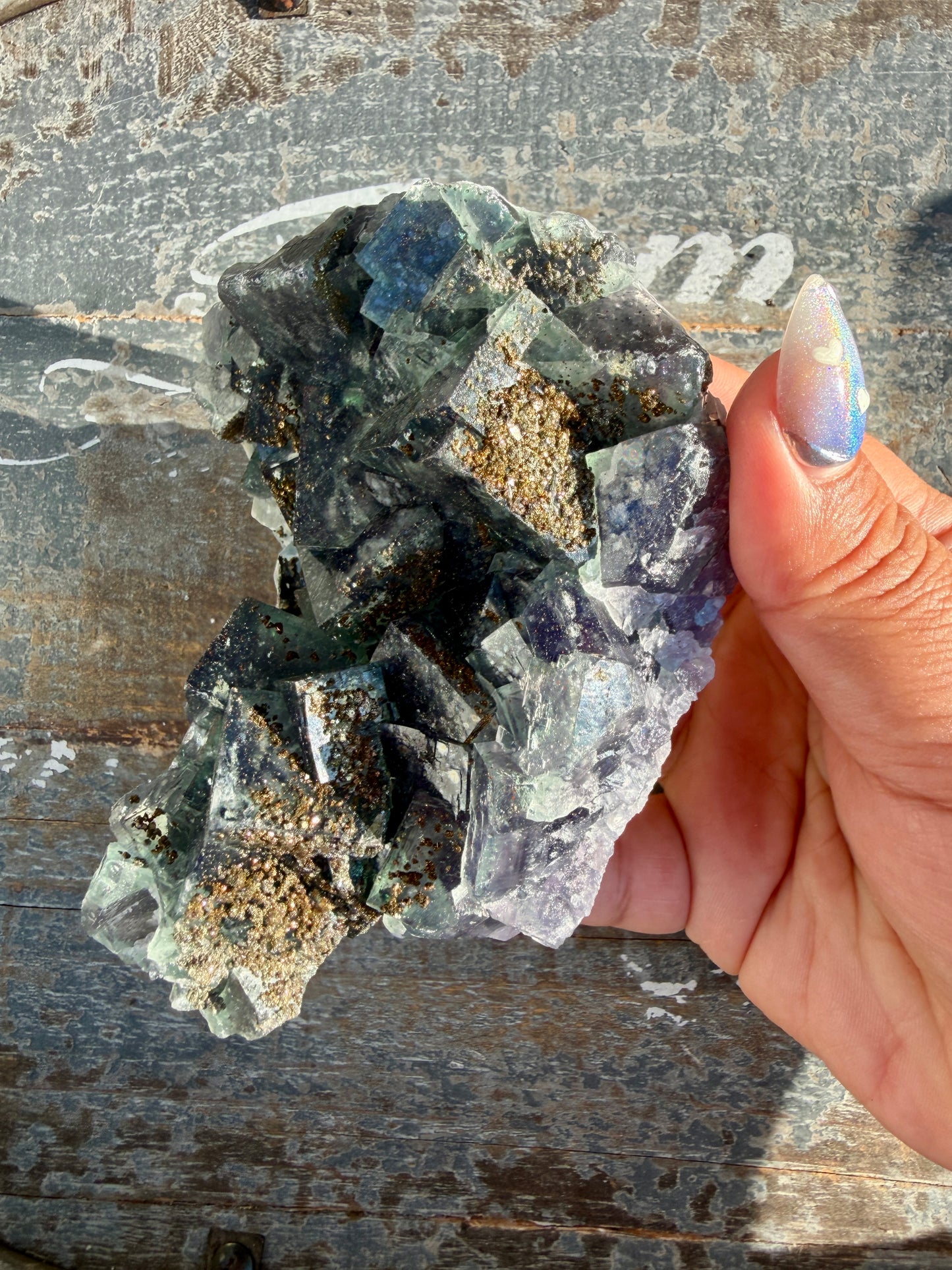 Gorgeous Cubic Dark Blue/Green Fluorite Specimen coated in Pyrite | China | Opt 49