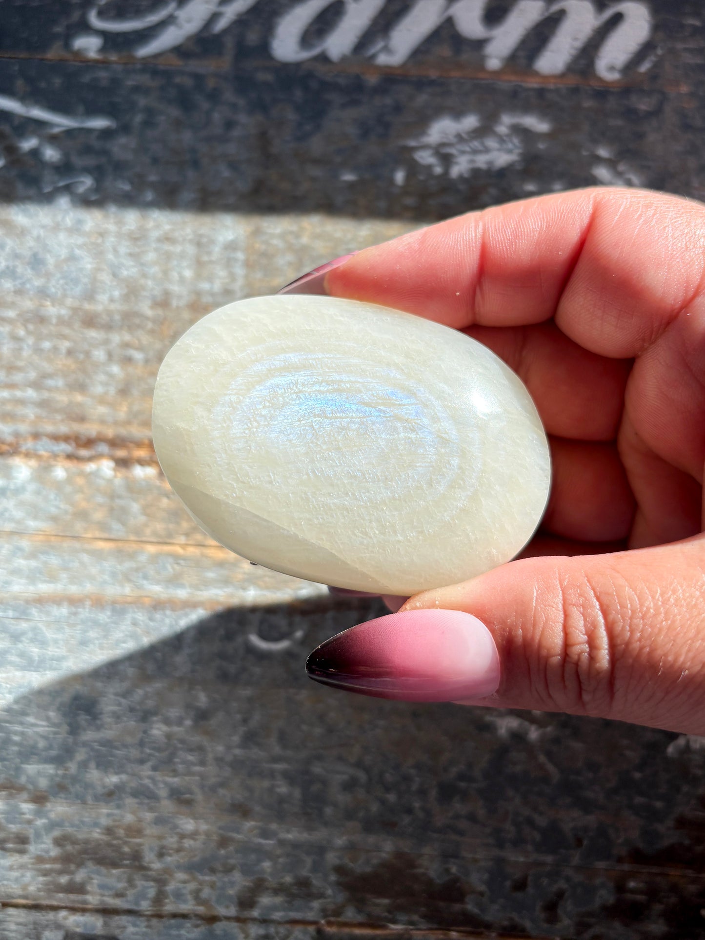 Gorgeous White Moonstone with Blue Flash Palm Stone from India