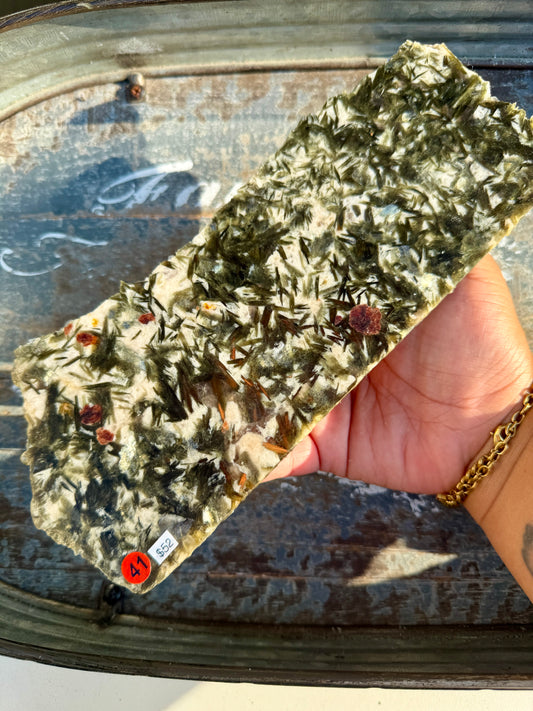 Gorgeous Green Tourmaline with Lepidolite Garnet Slab | Opt 41