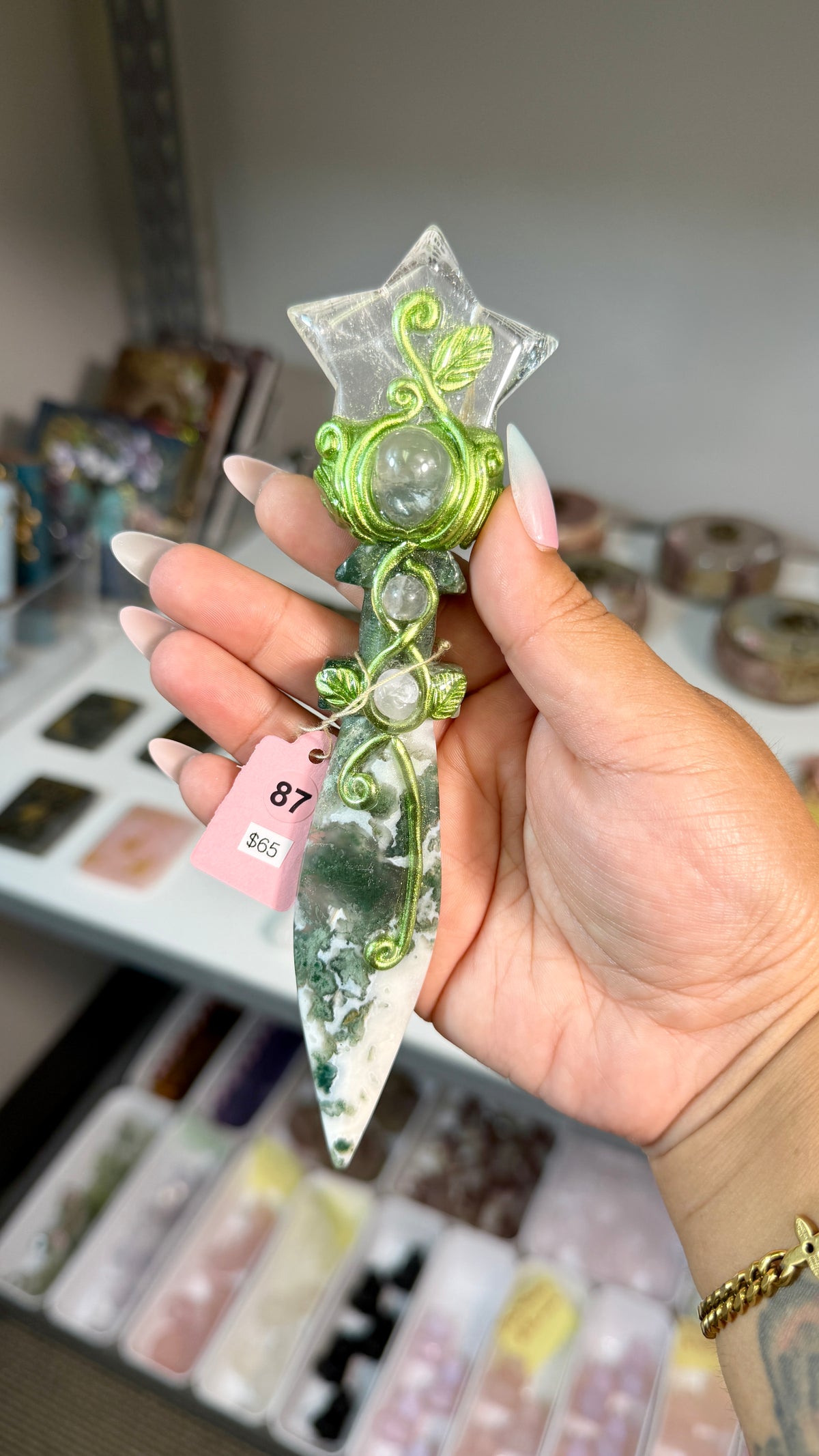 Handcrafted Star Fairy Crystal Wand | Clear Quartz & Tree Agate | Opt 87