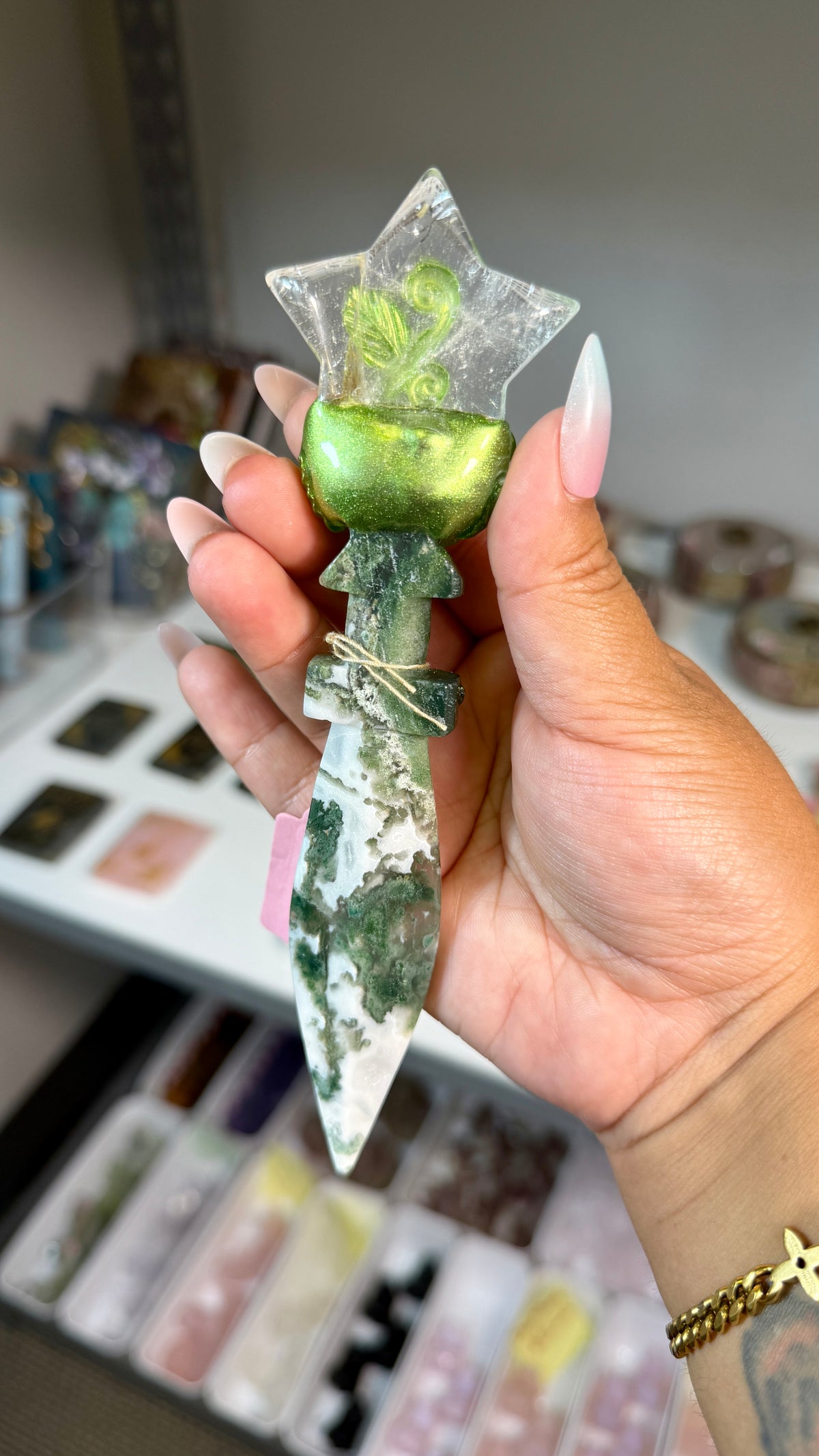 Handcrafted Star Fairy Crystal Wand | Clear Quartz & Tree Agate | Opt 87