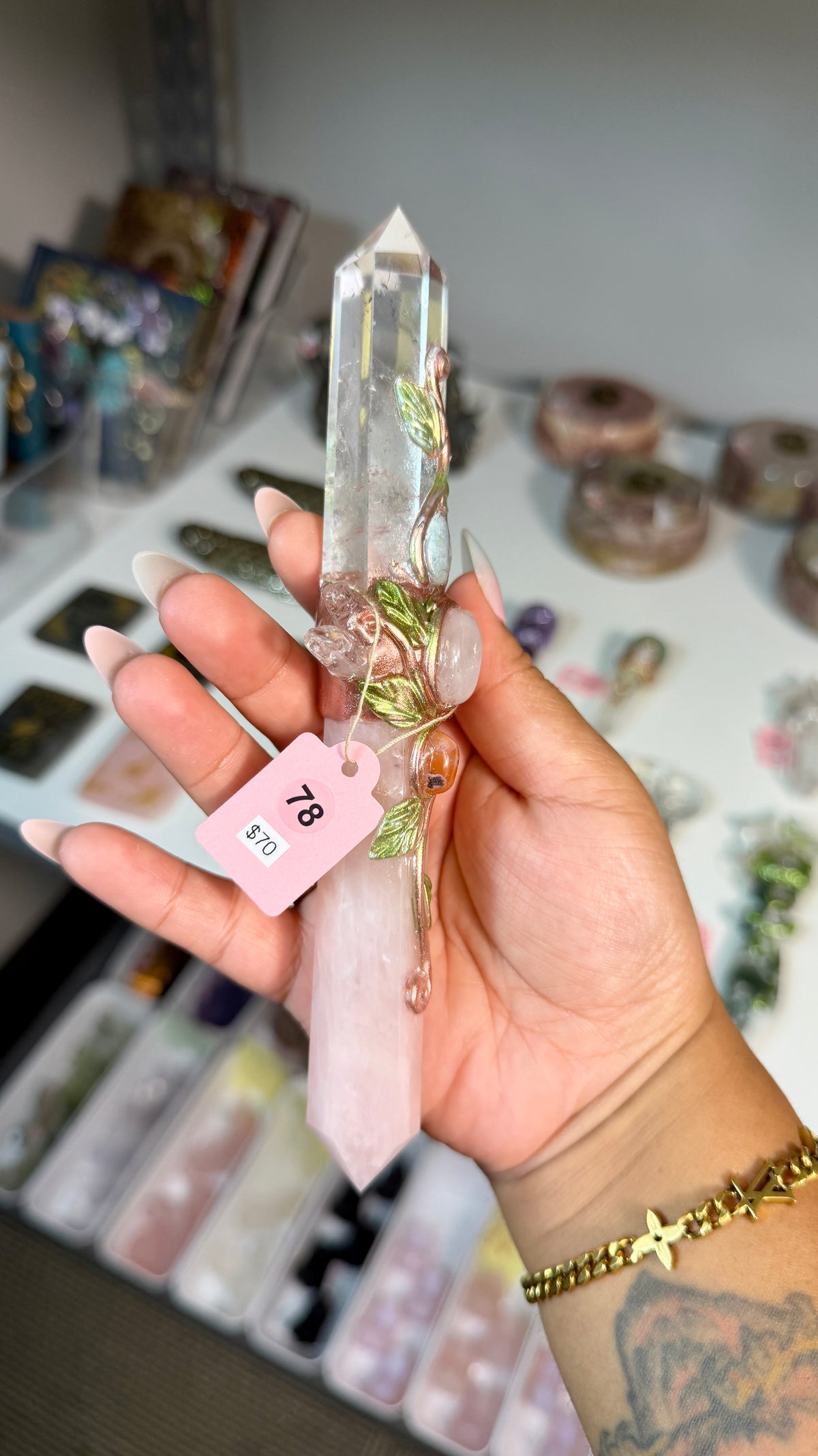 Handcrafted Double Point Fairy Crystal Wand | Clear Quartz + Rose Quartz | Opt 78