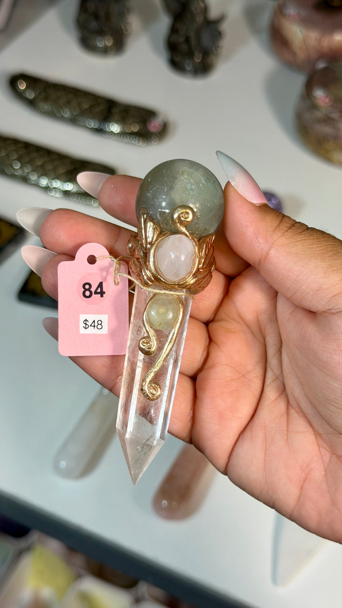 Handcrafted Mini Sphere Fairy Crystal Wand | Clear Quartz + Fluorite | Opt 84