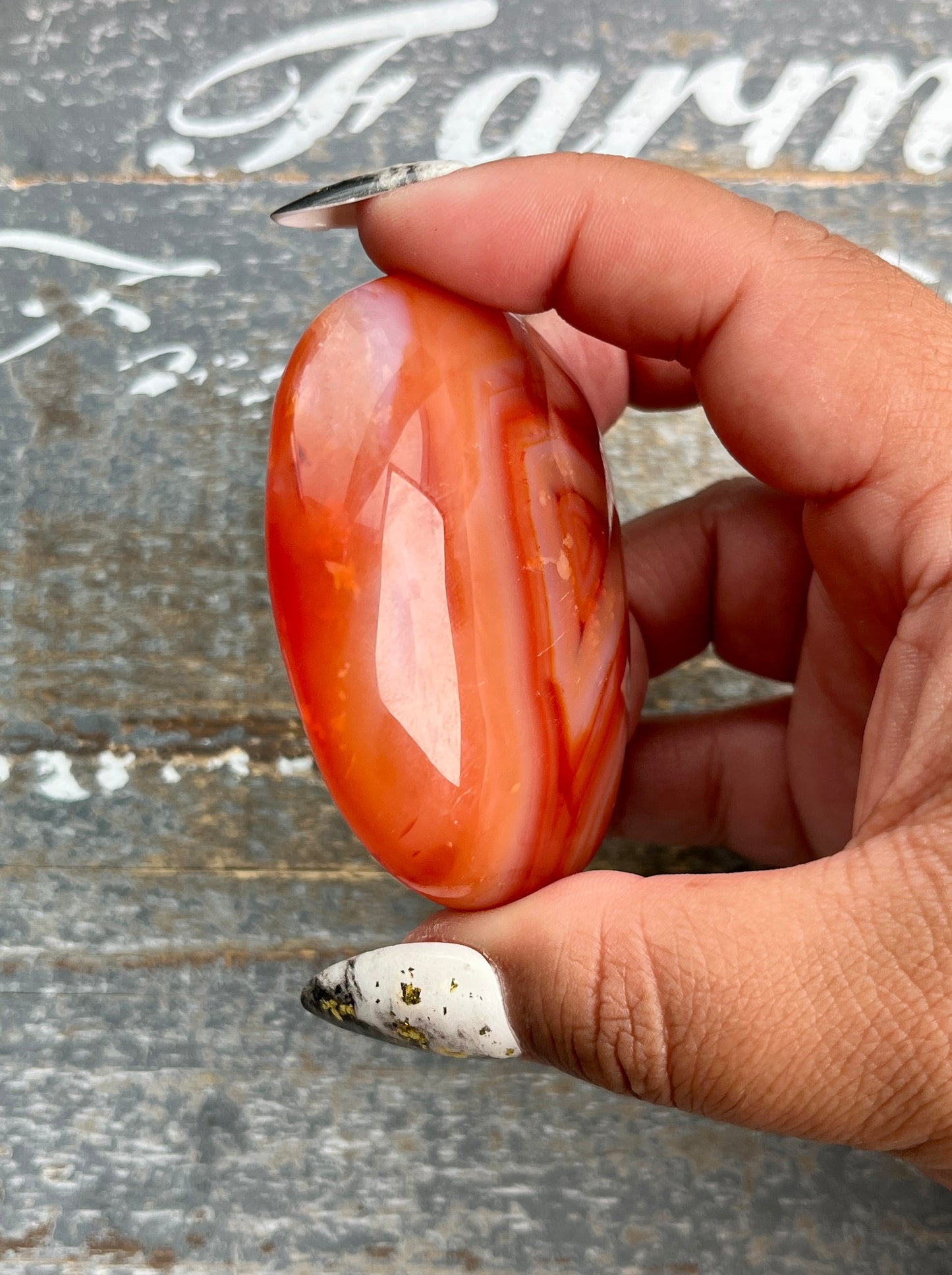 Gorgeous Banded Carnelian in Quartz Palm Stone