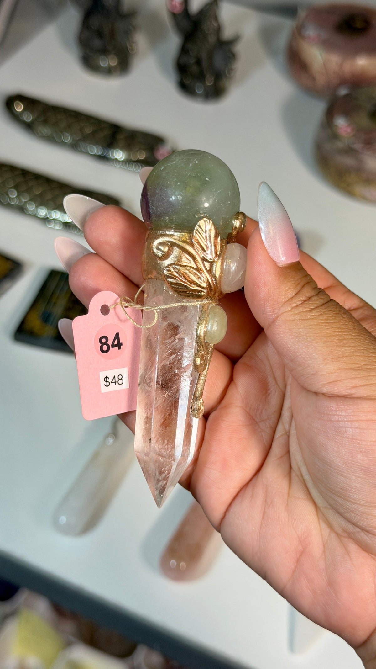 Handcrafted Mini Sphere Fairy Crystal Wand | Clear Quartz + Fluorite | Opt 84
