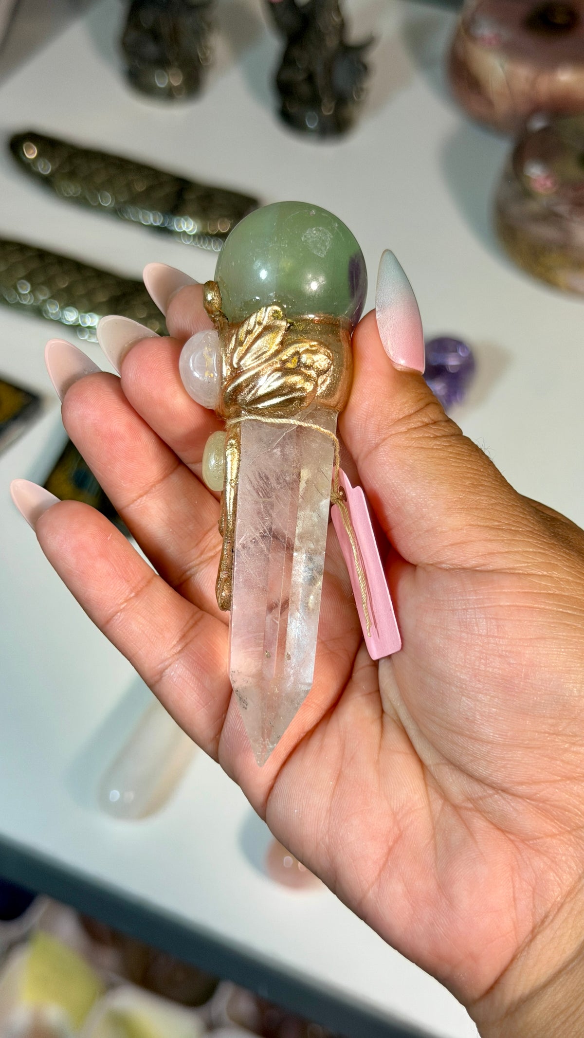 Handcrafted Mini Sphere Fairy Crystal Wand | Clear Quartz + Fluorite | Opt 84