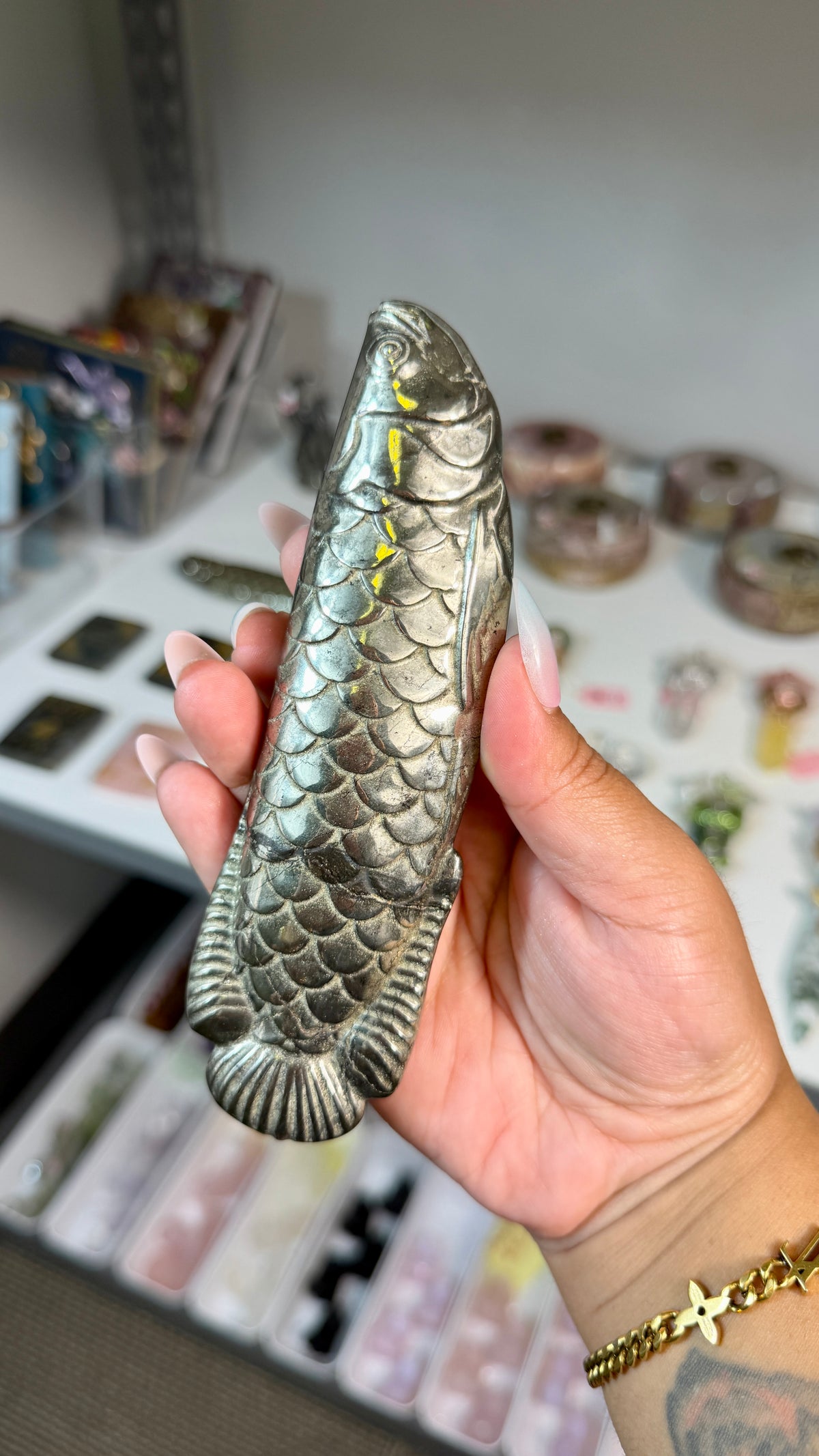 Pyrite Arowana Lucky Fish Carving | Opt 96