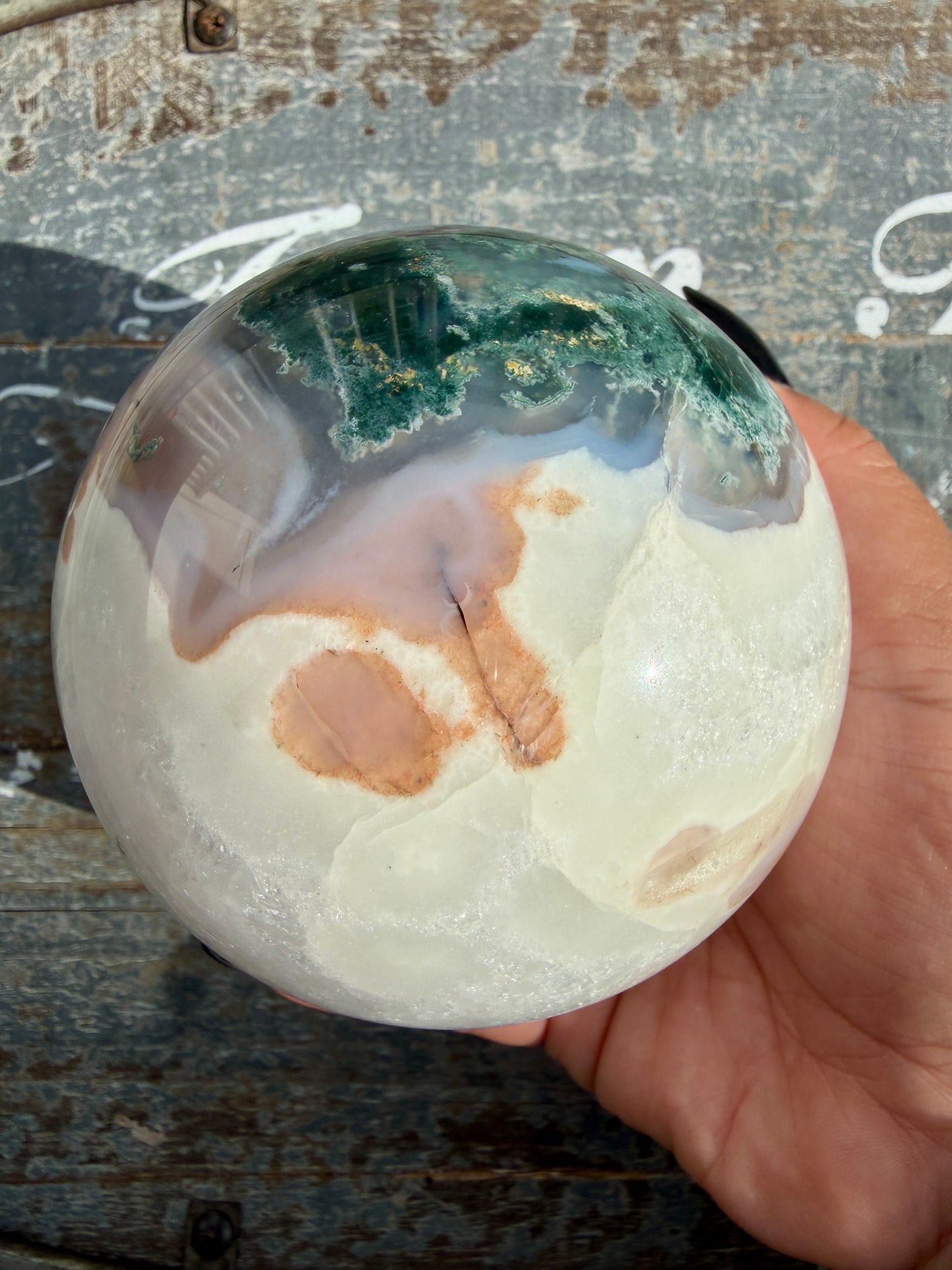 Gorgeous XL Moss Agate in Quartz Sphere | Opt I