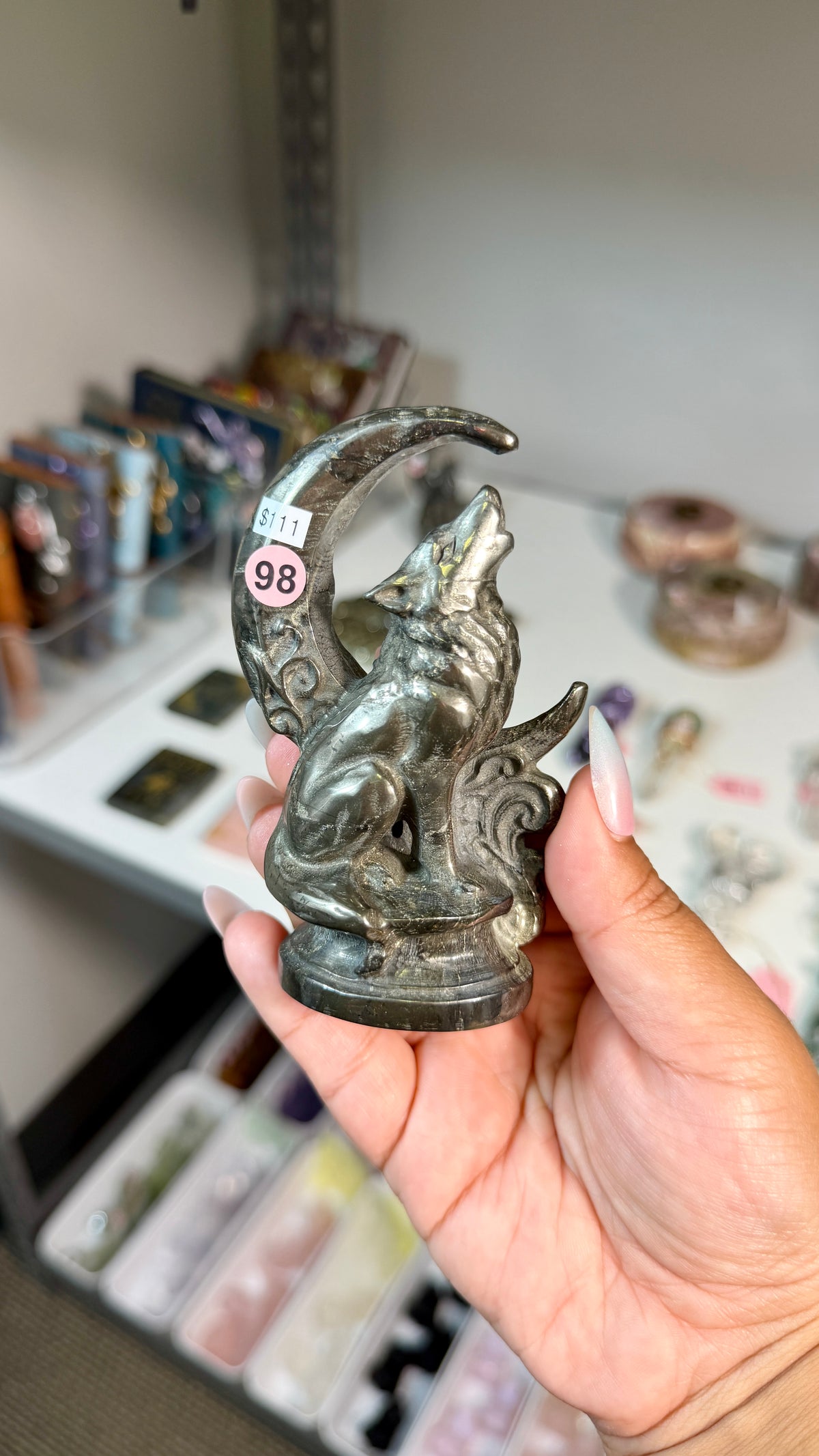 Pyrite Howling Wolf & Crescent Moon Carving  | Opt 98