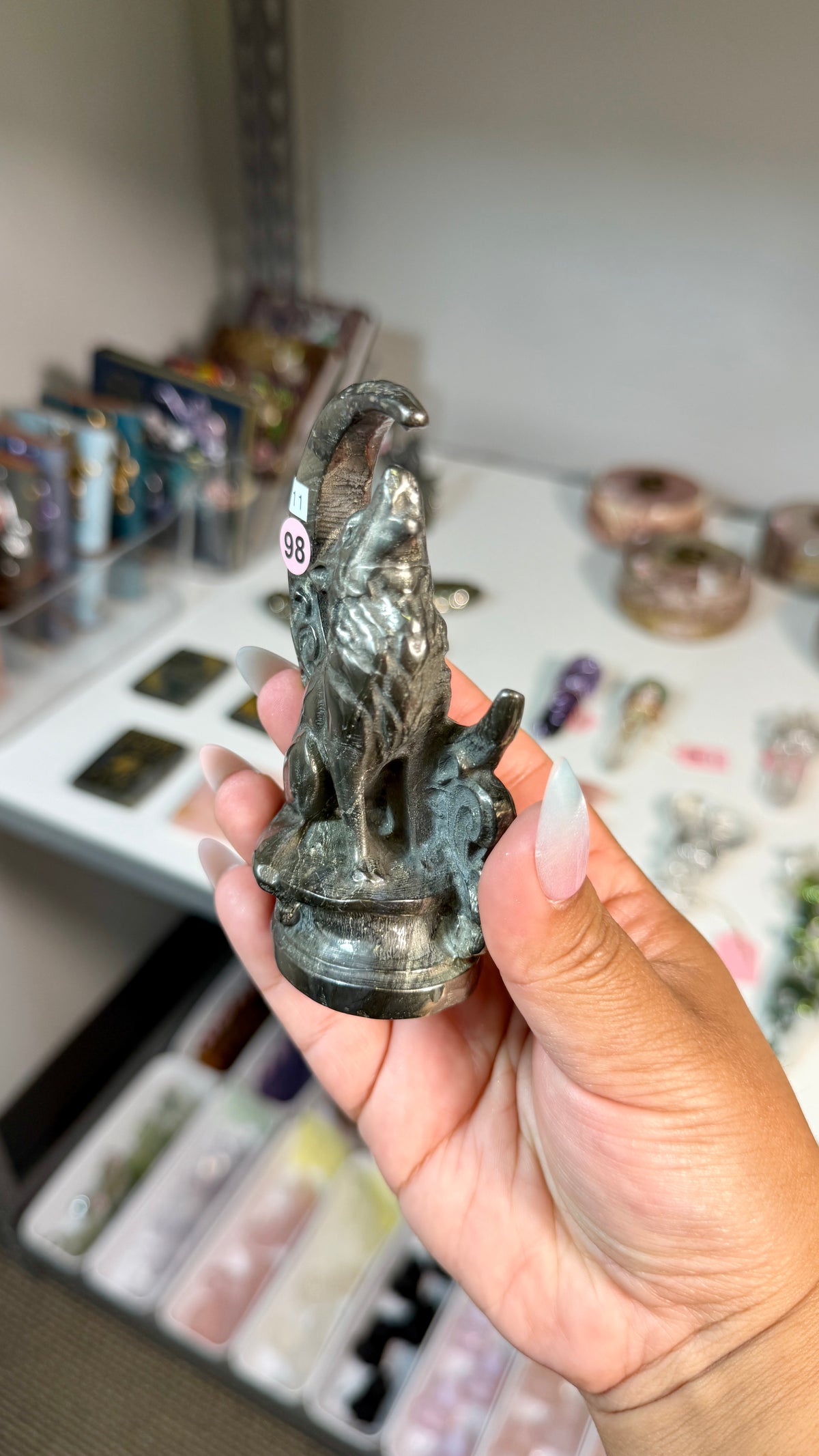 Pyrite Howling Wolf & Crescent Moon Carving  | Opt 98