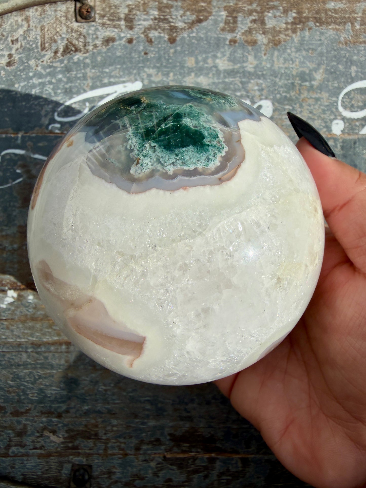 Gorgeous XL Moss Agate in Quartz Sphere | Opt I