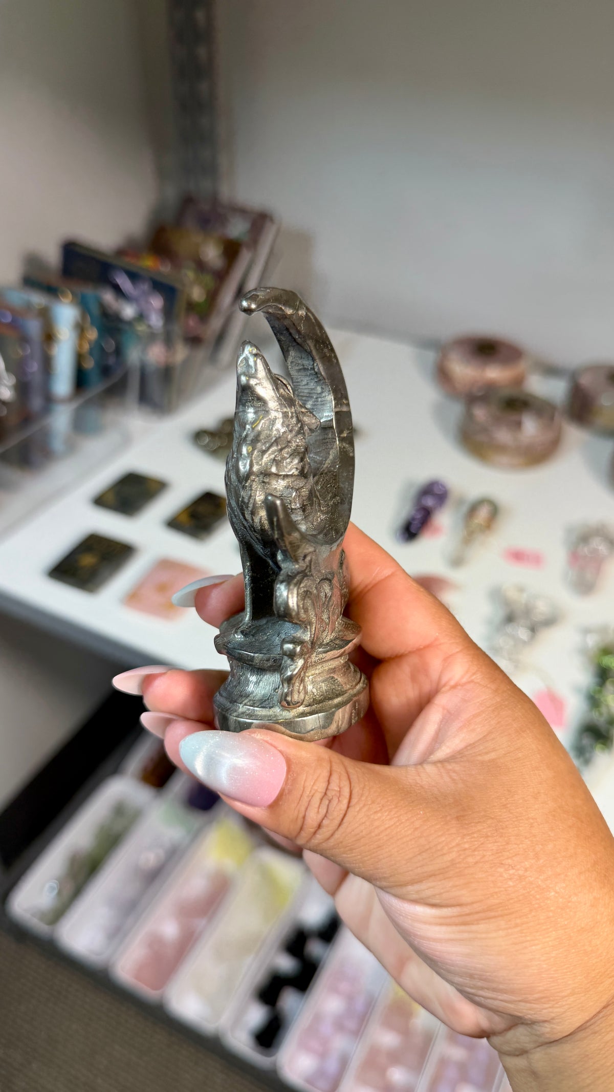 Pyrite Howling Wolf & Crescent Moon Carving  | Opt 98
