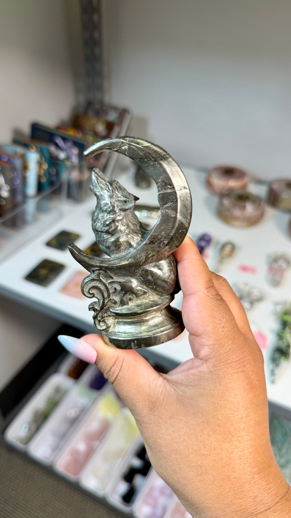 Pyrite Howling Wolf & Crescent Moon Carving  | Opt 98
