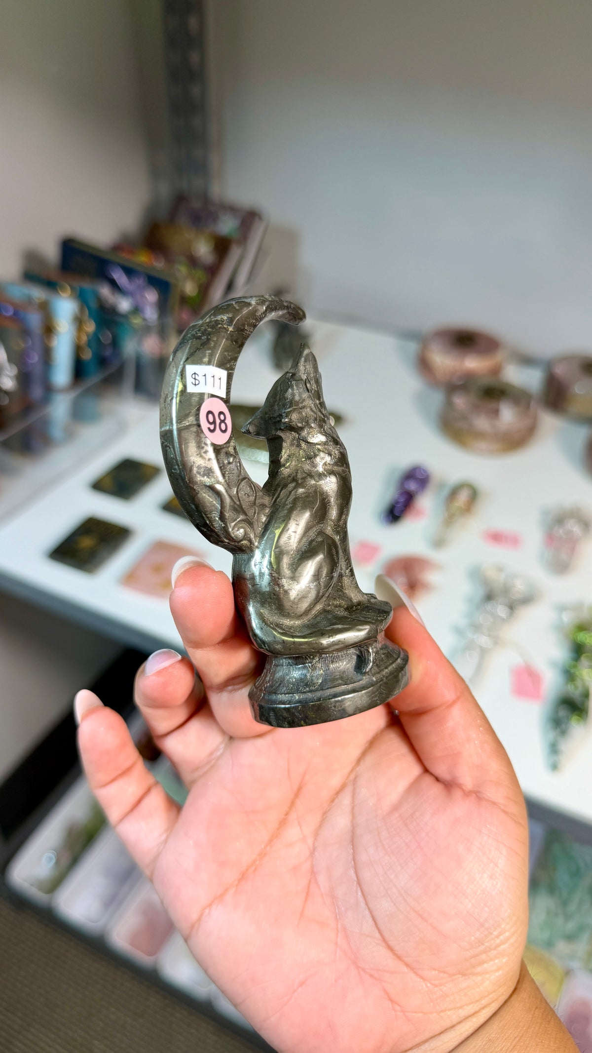 Pyrite Howling Wolf & Crescent Moon Carving  | Opt 98