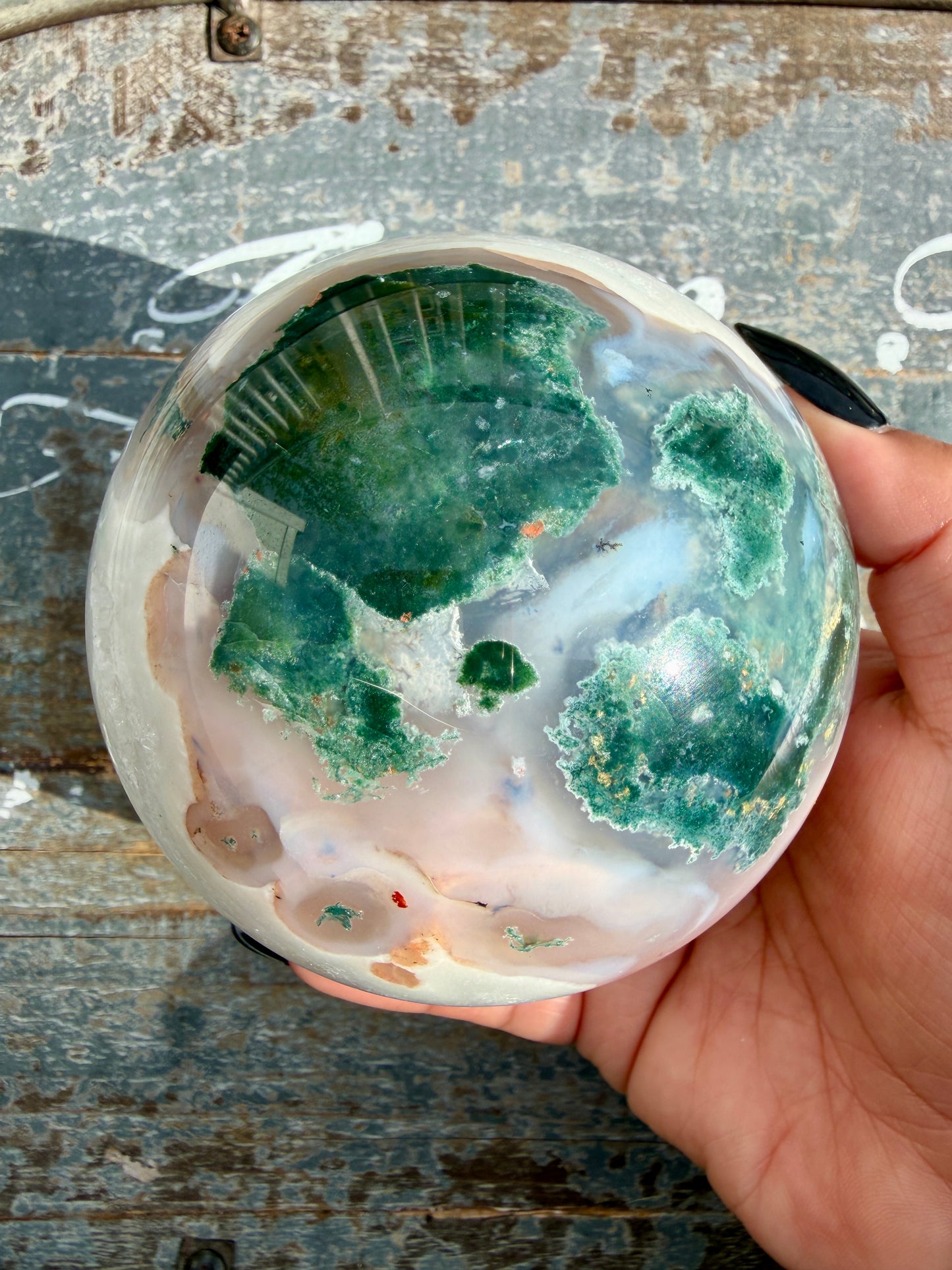 Gorgeous XL Moss Agate in Quartz Sphere | Opt I