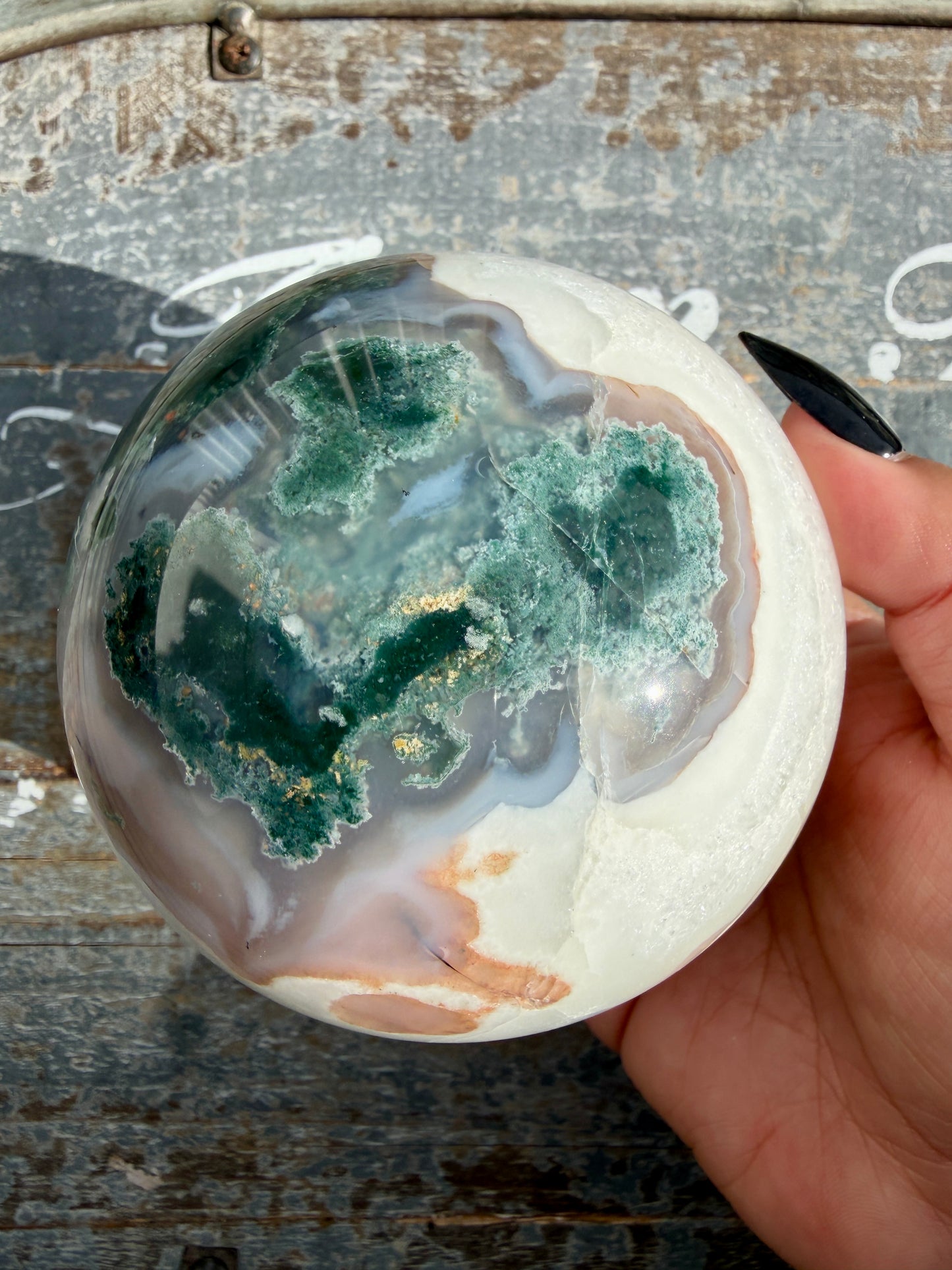 Gorgeous XL Moss Agate in Quartz Sphere | Opt I