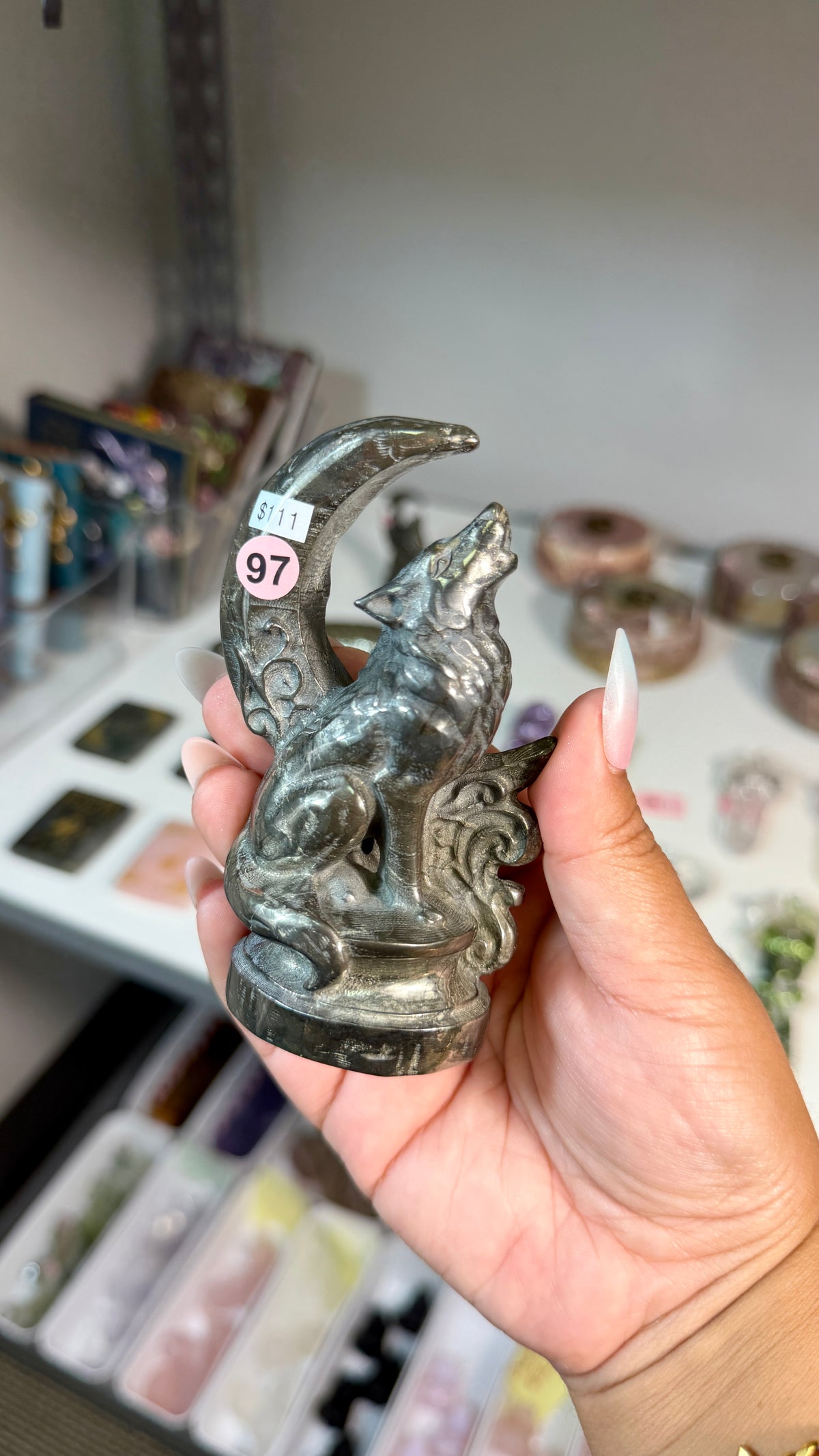 Pyrite Howling Wolf & Crescent Moon Carving  | Opt 97