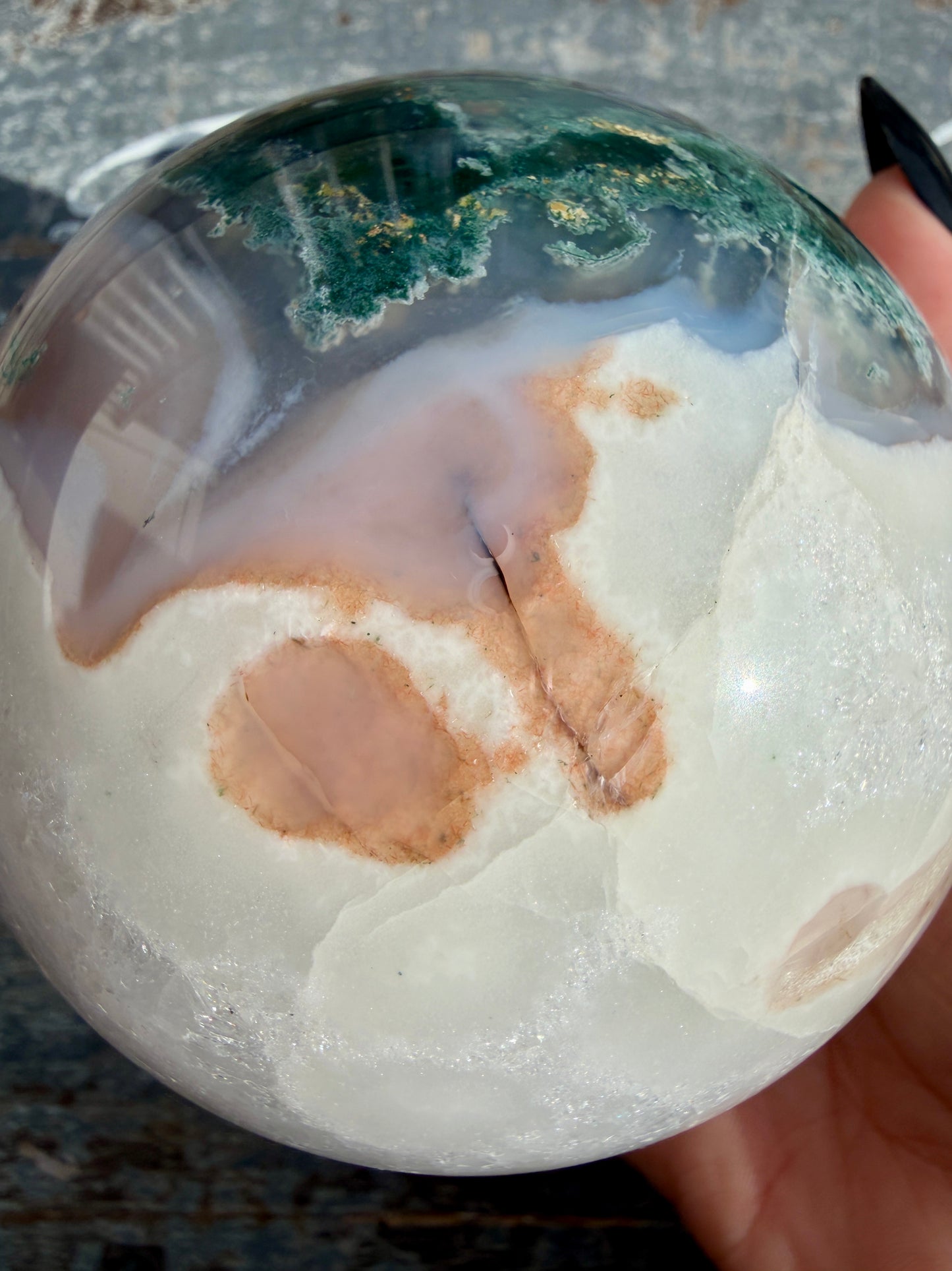 Gorgeous XL Moss Agate in Quartz Sphere | Opt I