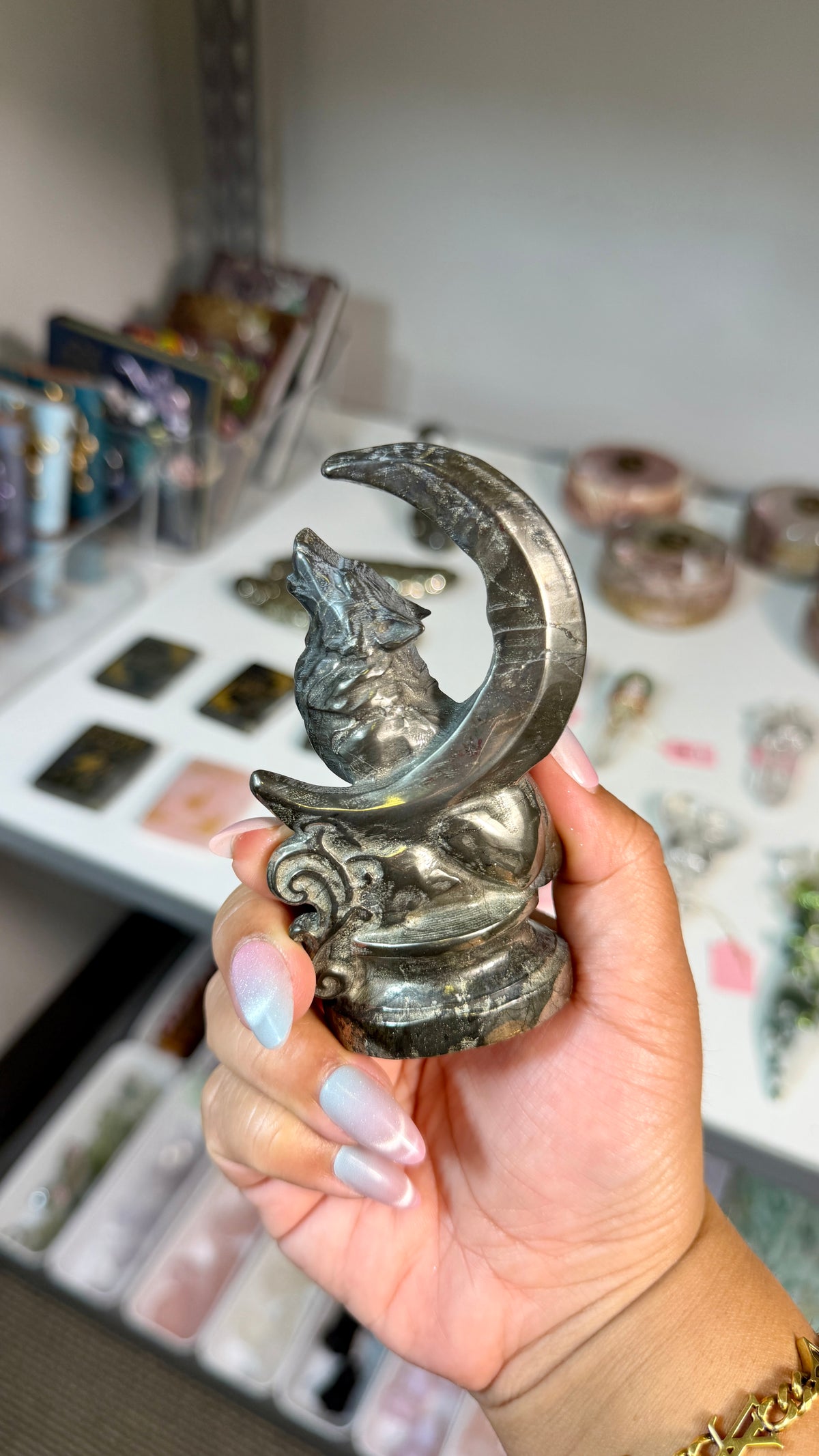 Pyrite Howling Wolf & Crescent Moon Carving  | Opt 97