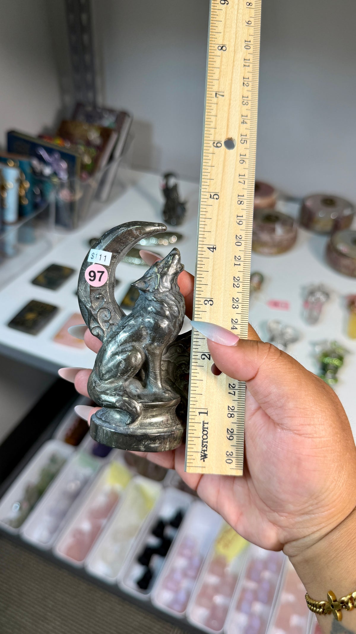 Pyrite Howling Wolf & Crescent Moon Carving  | Opt 97