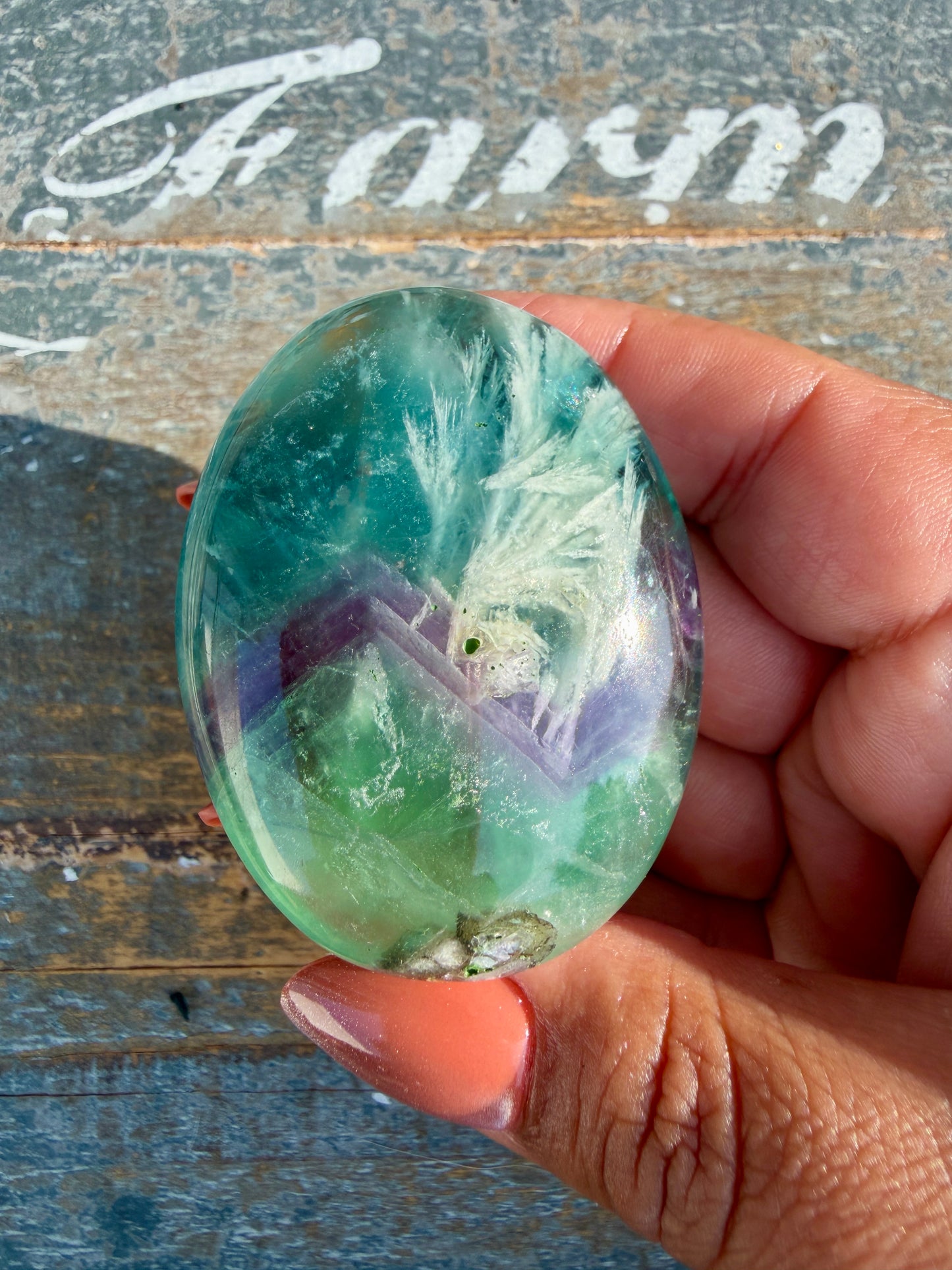 Gorgeous Feathered Fluorite Palm Stone | Opt 31