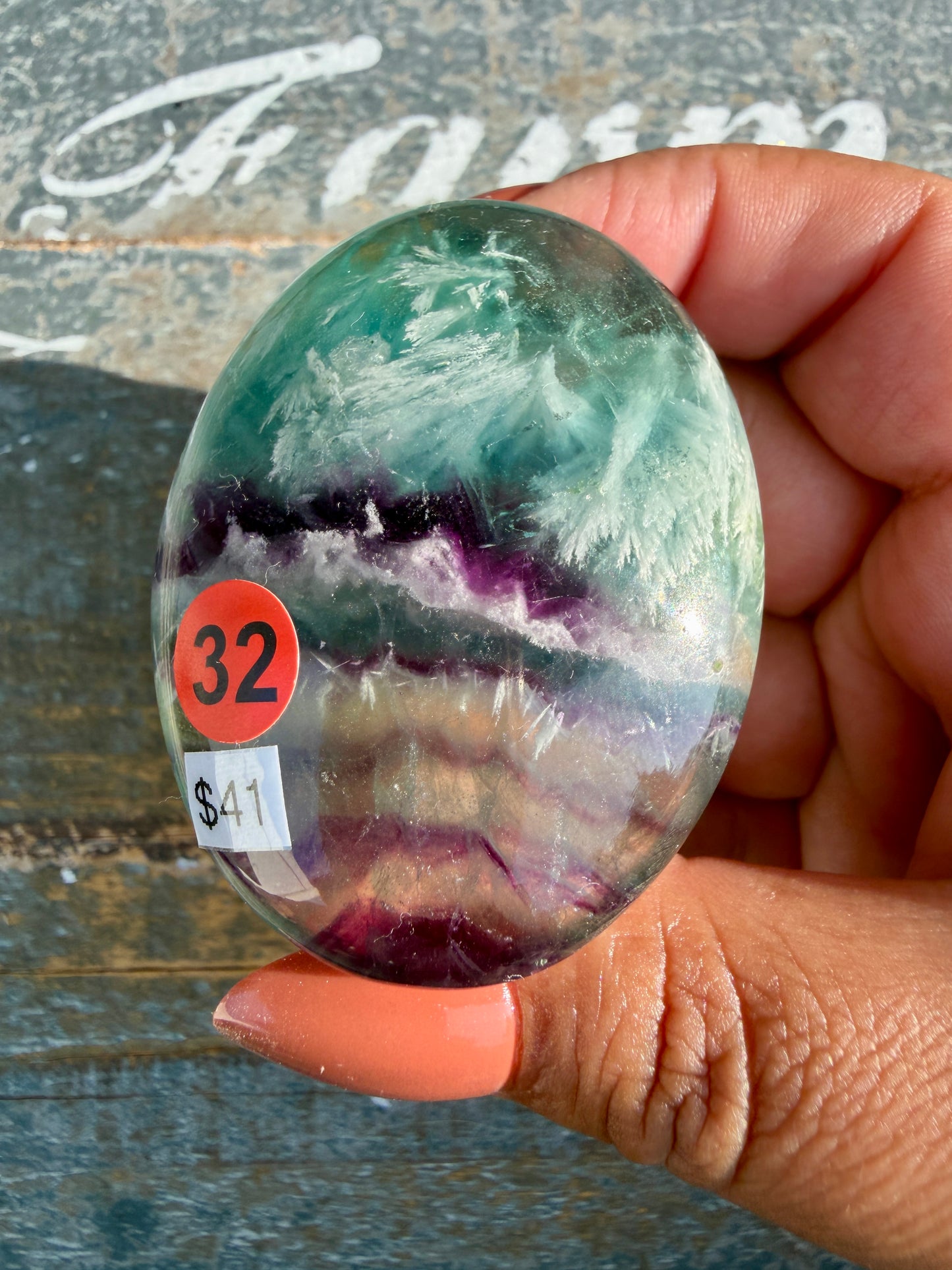 Gorgeous Feathered Fluorite Palm Stone | Opt 32