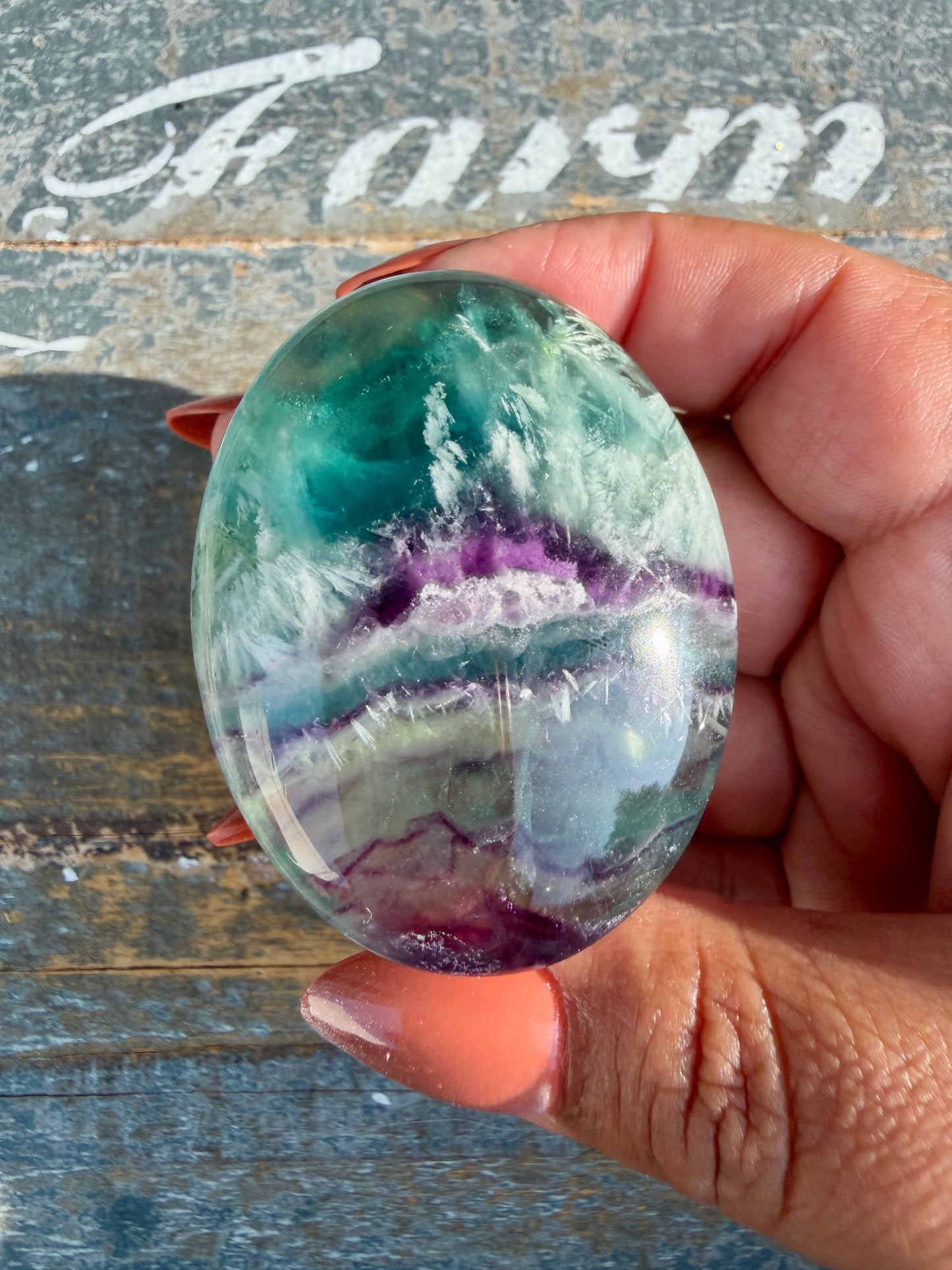 Gorgeous Feathered Fluorite Palm Stone | Opt 32