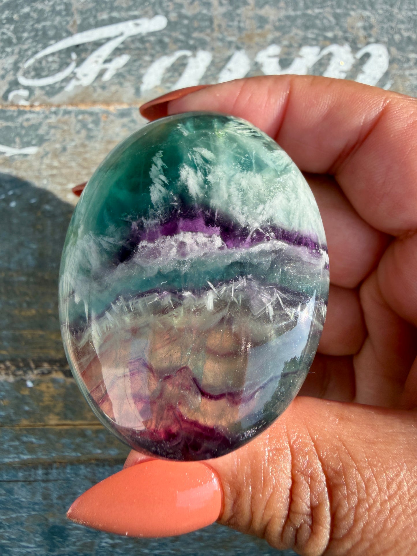 Gorgeous Feathered Fluorite Palm Stone | Opt 32