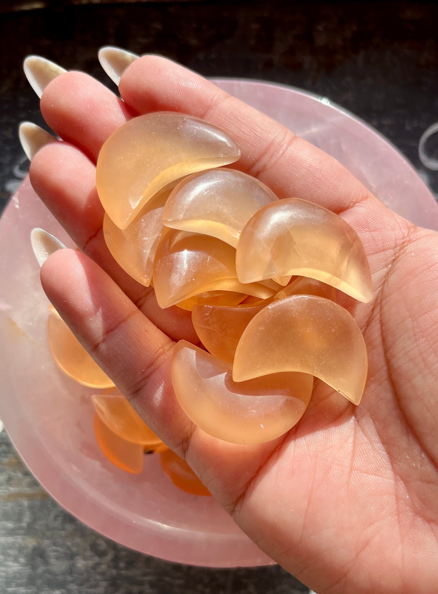 One (1) Gorgeous Dark Honey Calcite Mini Crescent Moon From Pakistan