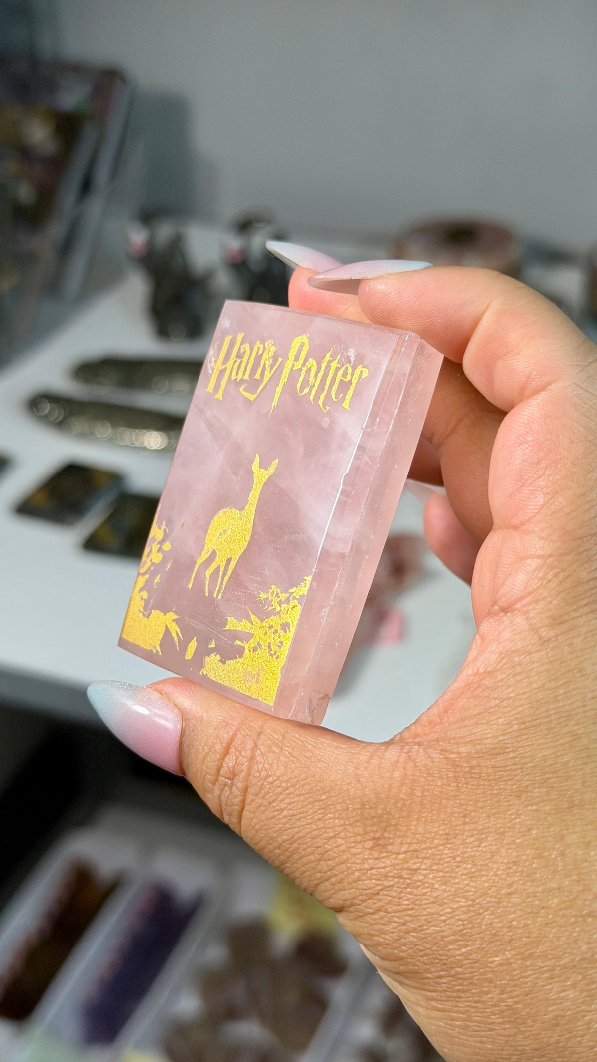 Rose Quartz Mini "HP" Book Carving | Opt 70
