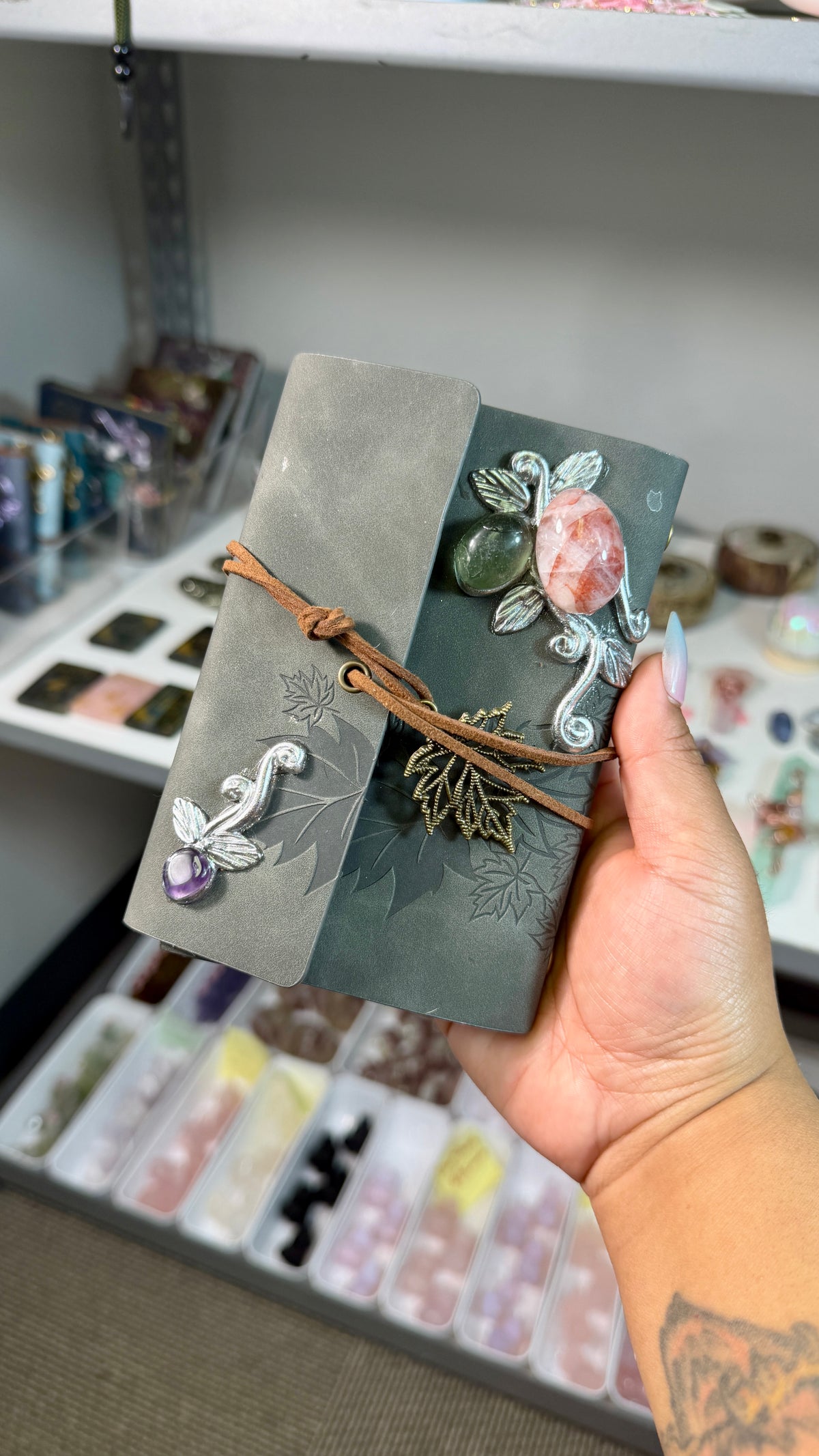 Enchanted Crystal Embellished Journal | Renaissance Faire Inspired Notebook | Gray Suede