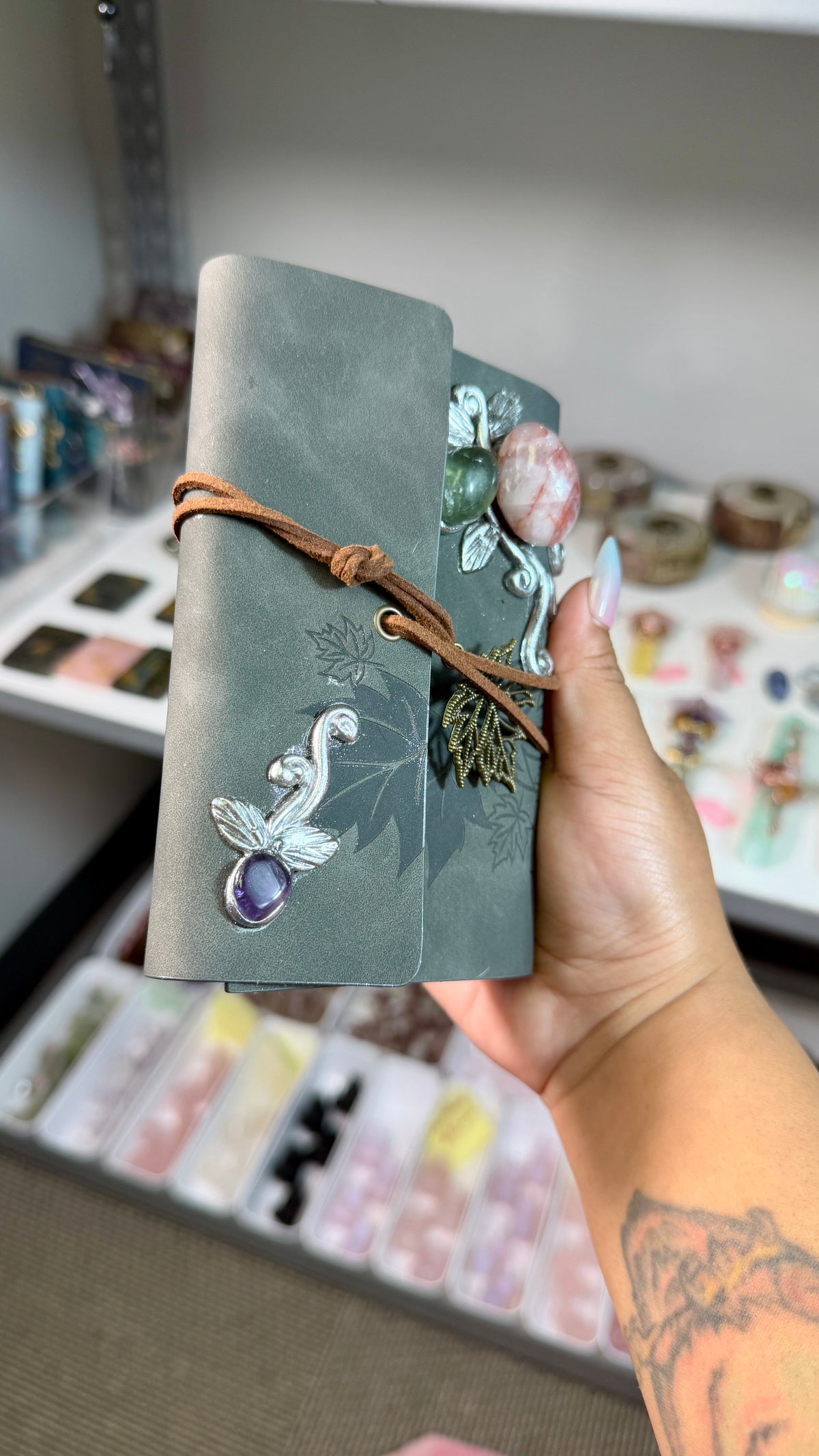 Enchanted Crystal Embellished Journal | Renaissance Faire Inspired Notebook | Gray Suede