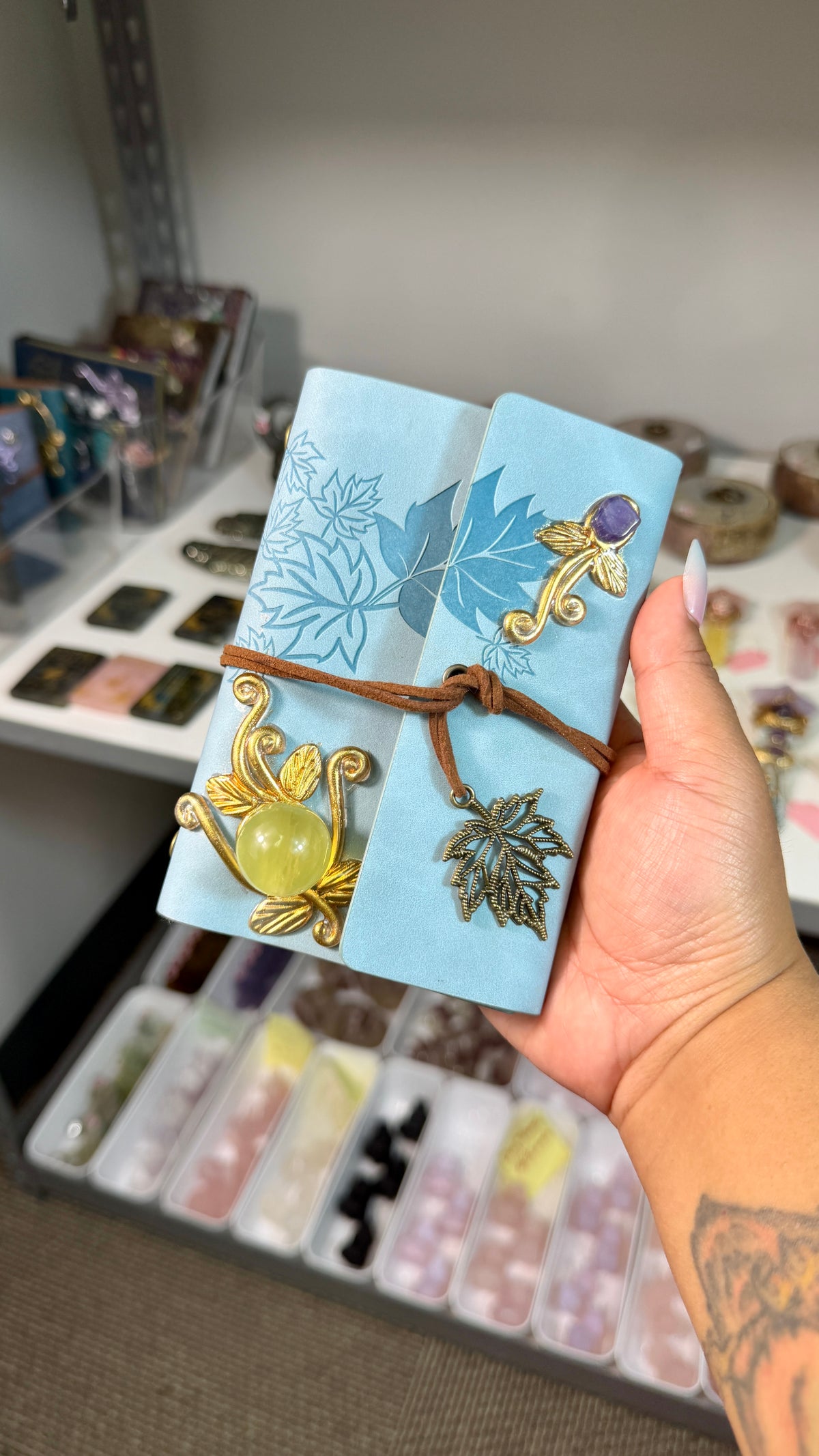Enchanted Crystal Embellished Journal | Renaissance Faire Inspired Notebook | Light Blue Suede