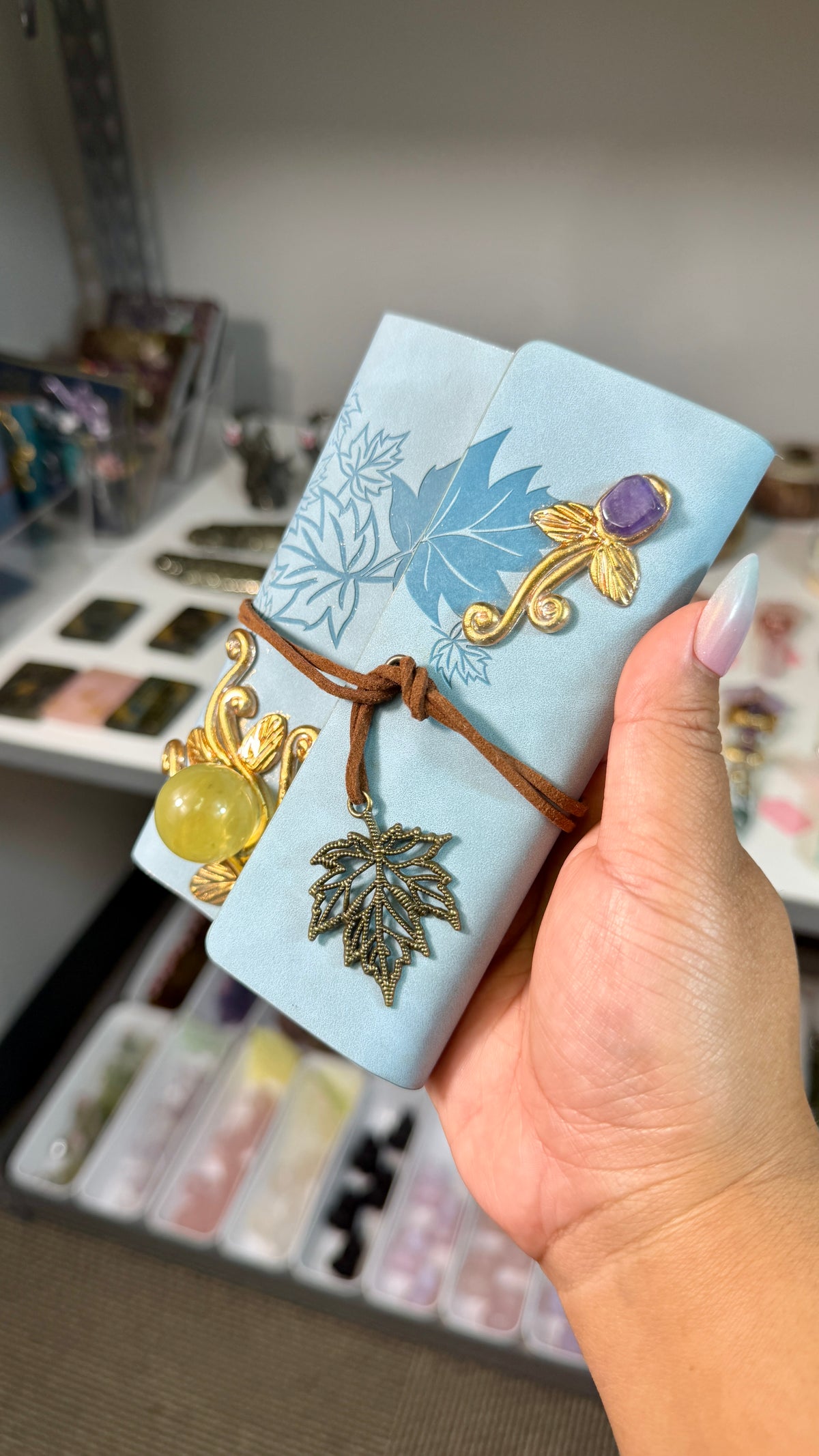 Enchanted Crystal Embellished Journal | Renaissance Faire Inspired Notebook | Light Blue Suede