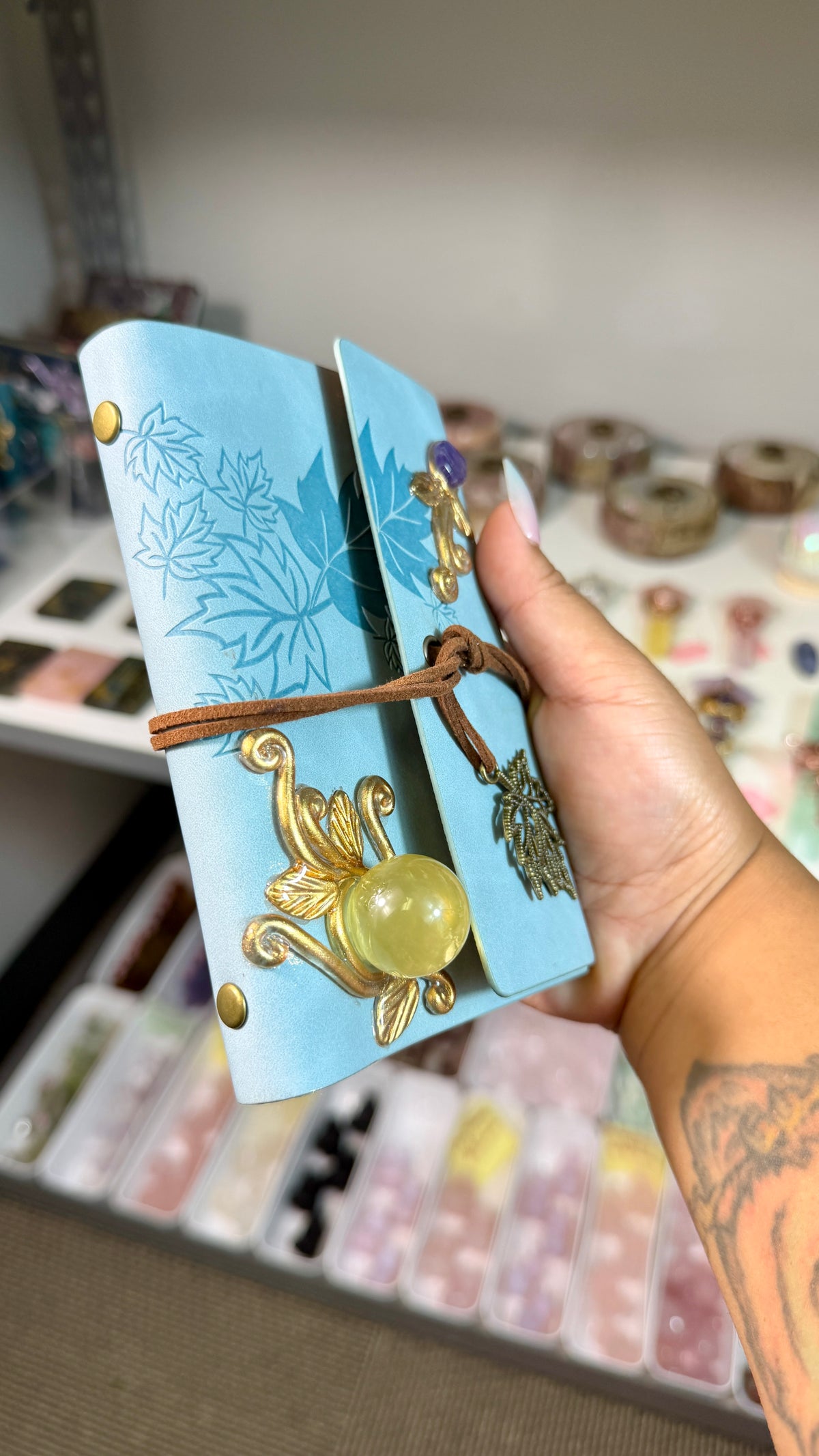 Enchanted Crystal Embellished Journal | Renaissance Faire Inspired Notebook | Light Blue Suede