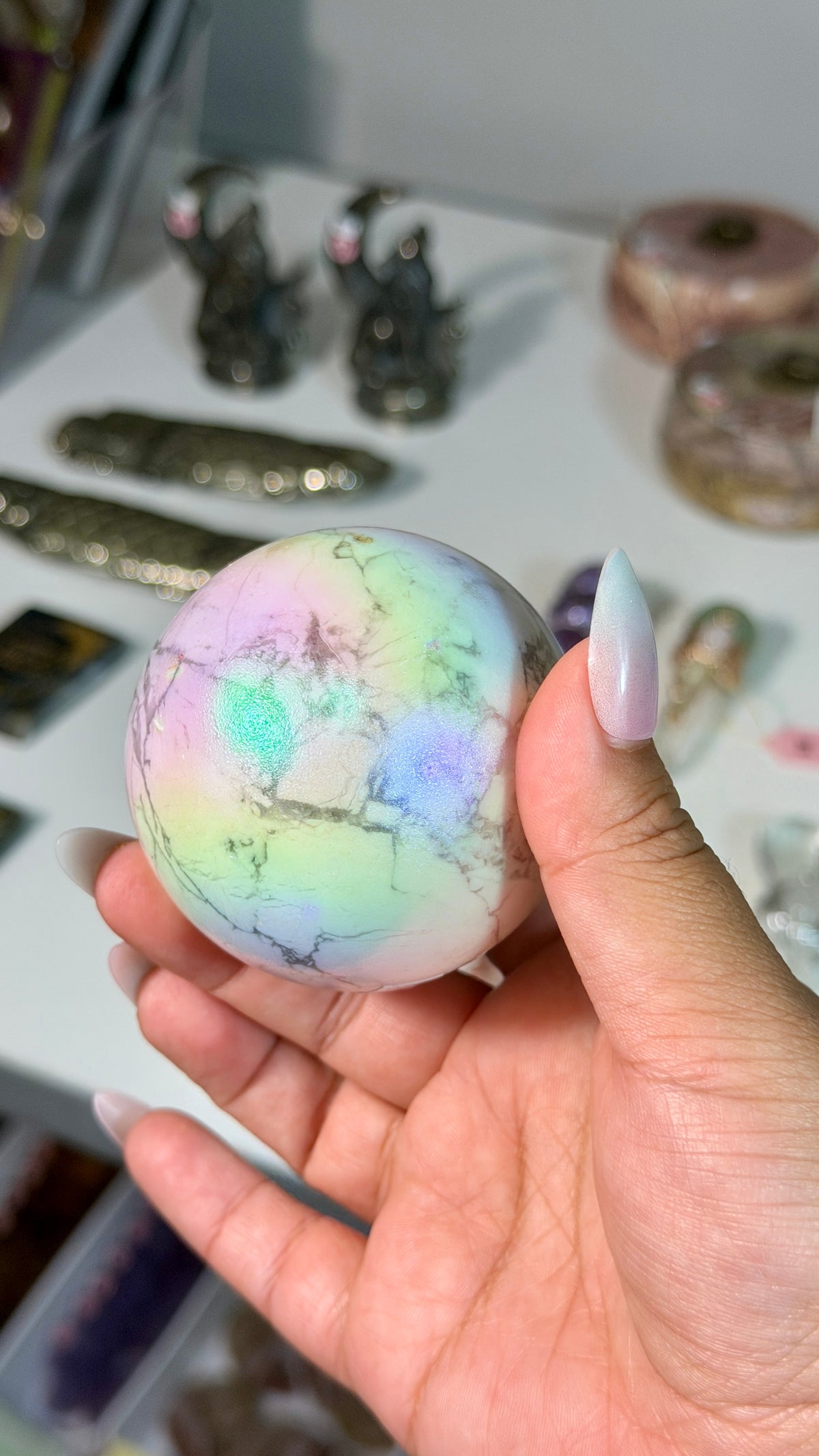 Rainbow Aura Howlite Sphere | Natural Howlite with Man-Made Aura Finish | Opt 39