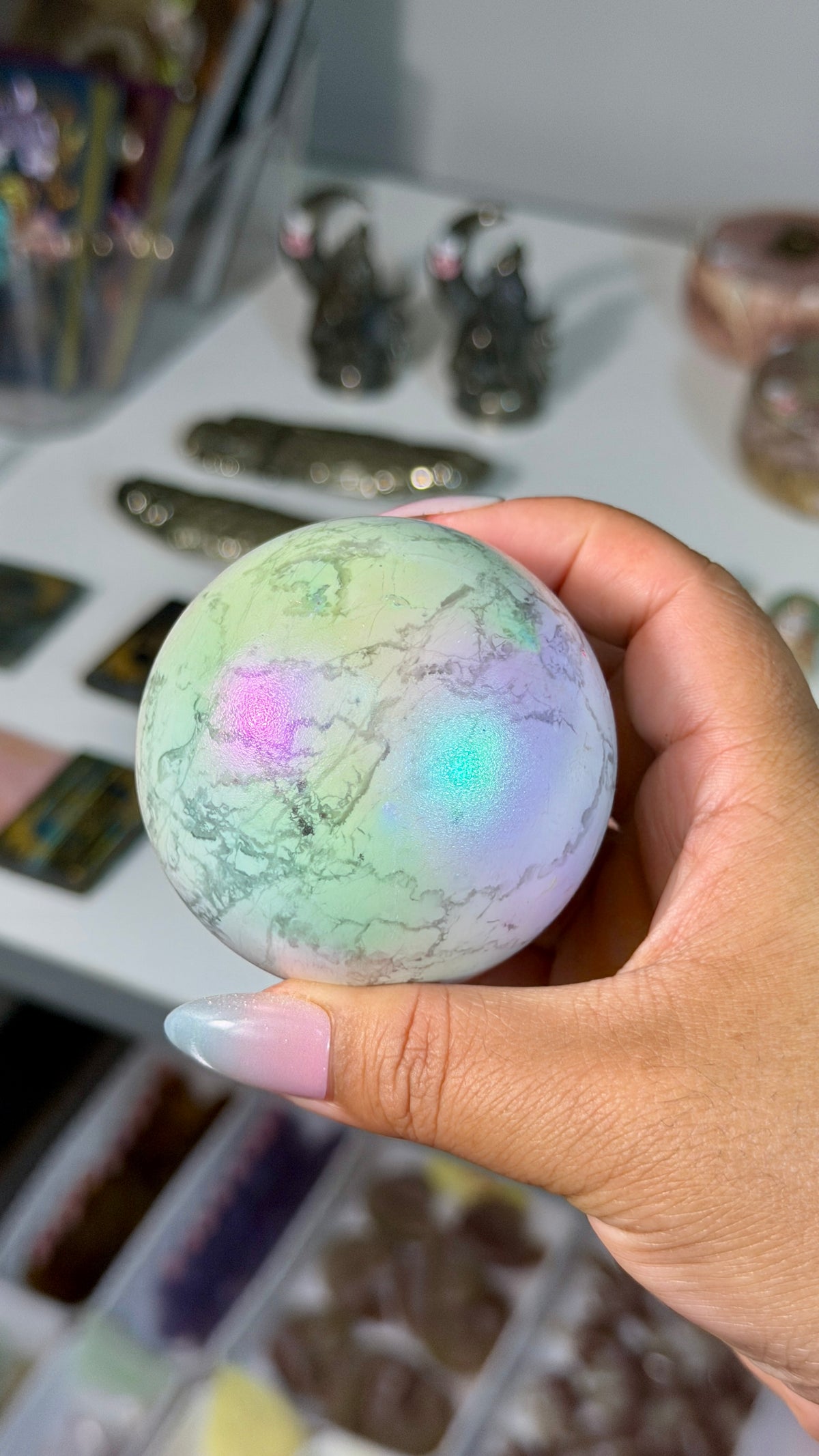 Rainbow Aura Howlite Sphere | Natural Howlite with Man-Made Aura Finish | Opt 42