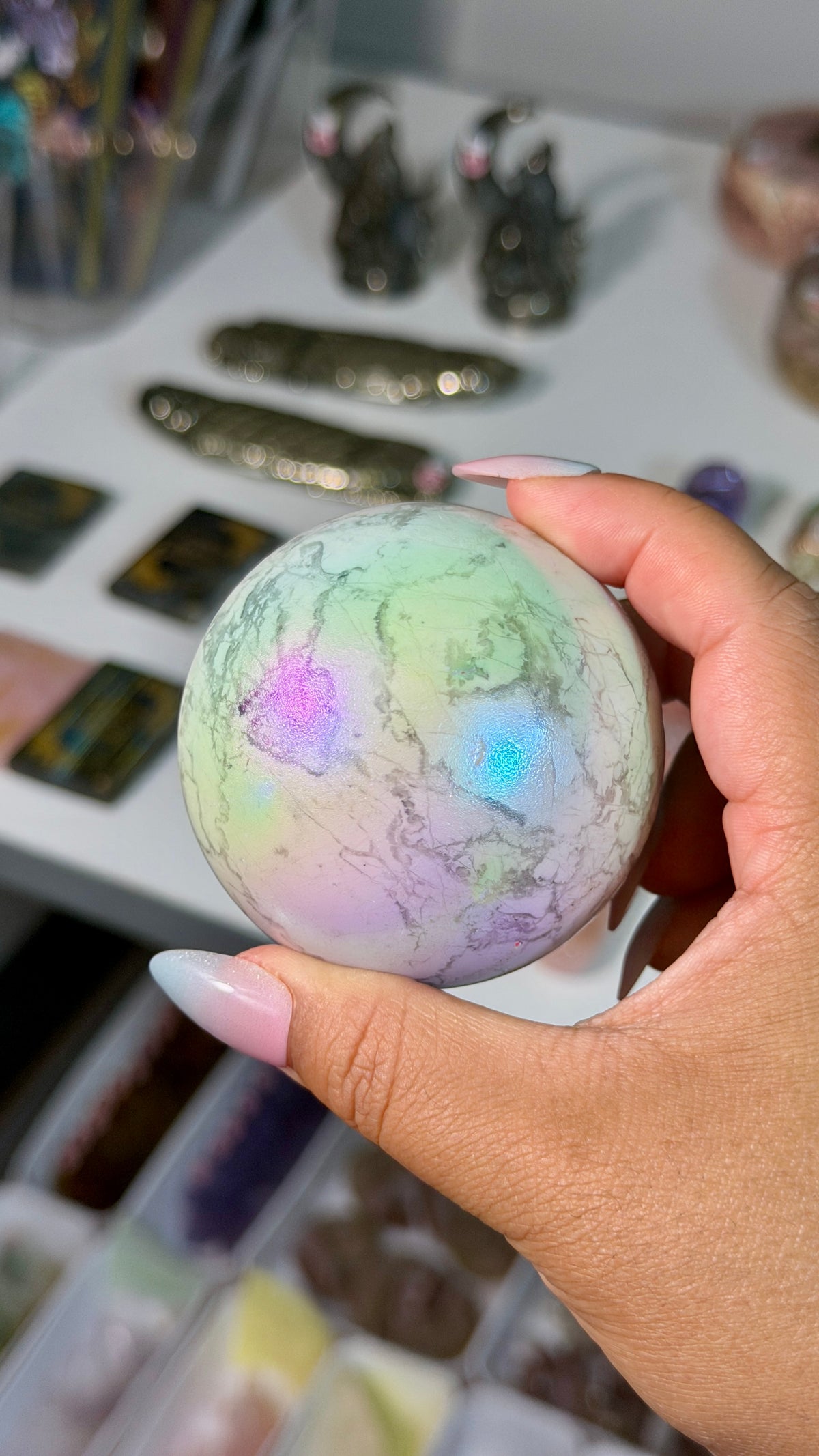 Rainbow Aura Howlite Sphere | Natural Howlite with Man-Made Aura Finish | Opt 42