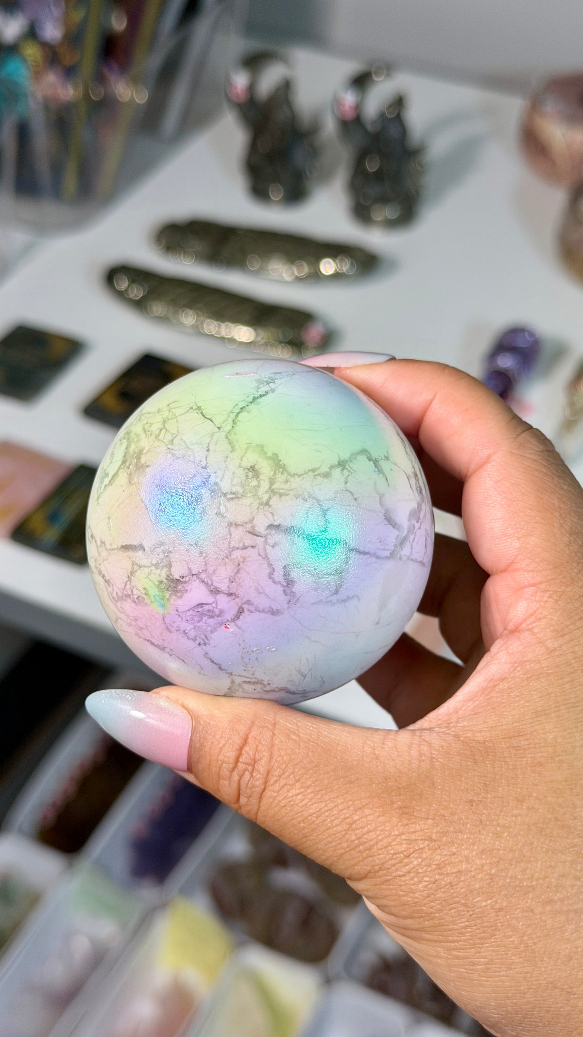 Rainbow Aura Howlite Sphere | Natural Howlite with Man-Made Aura Finish | Opt 42