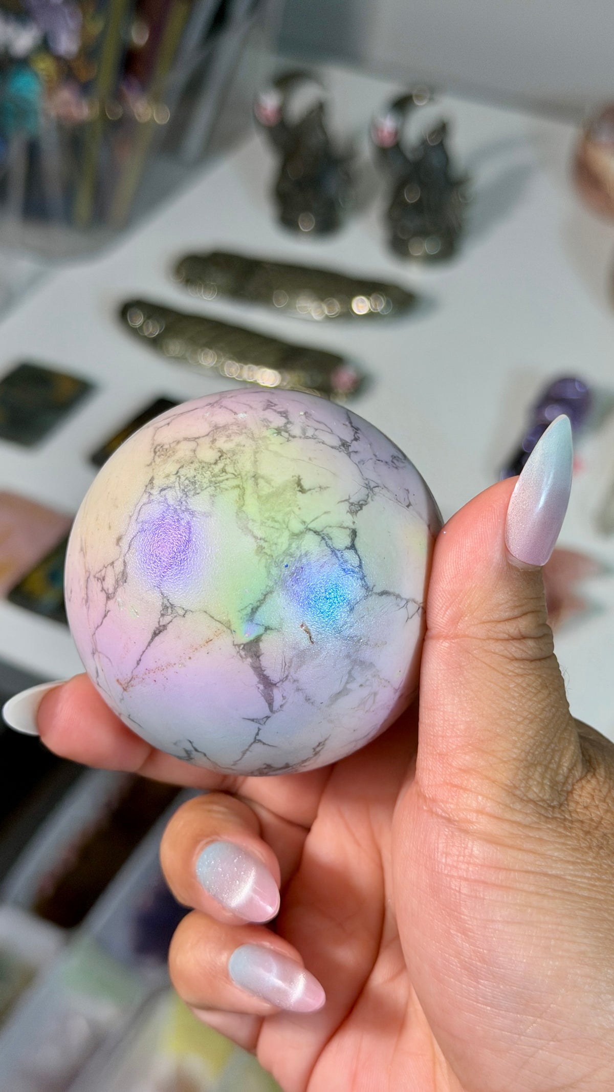 Rainbow Aura Howlite Sphere | Natural Howlite with Man-Made Aura Finish | Opt 40