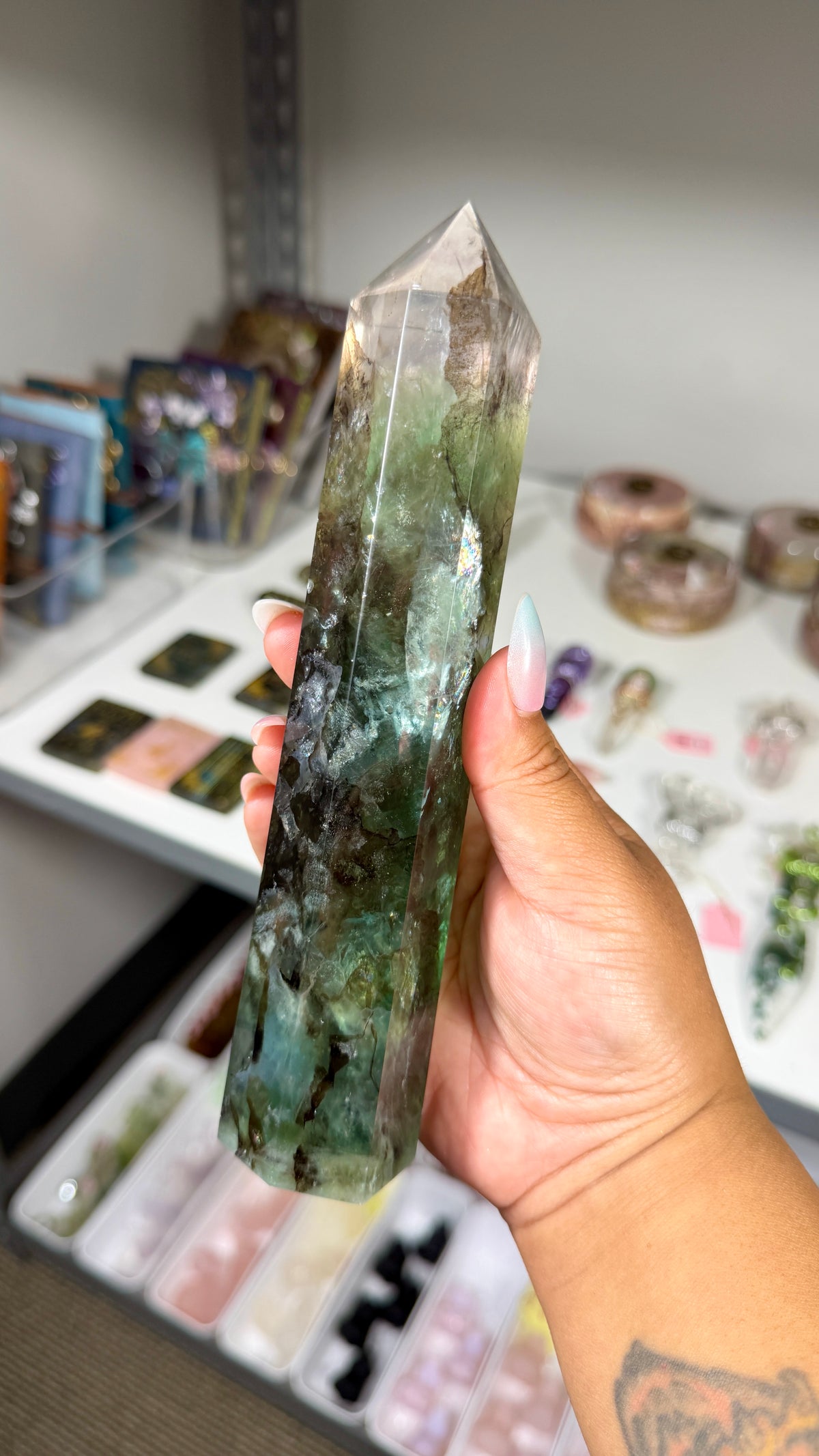 Gorgeous Stormy Sea Fluorite Tower | UV Reacts Blue | Opt 90