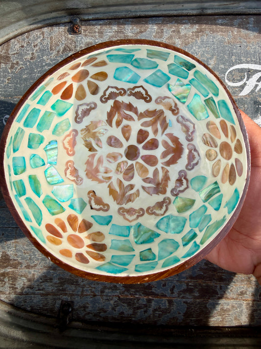 Gorgeous Mosaic Coconut Bowl with Shell Inlay | 6"