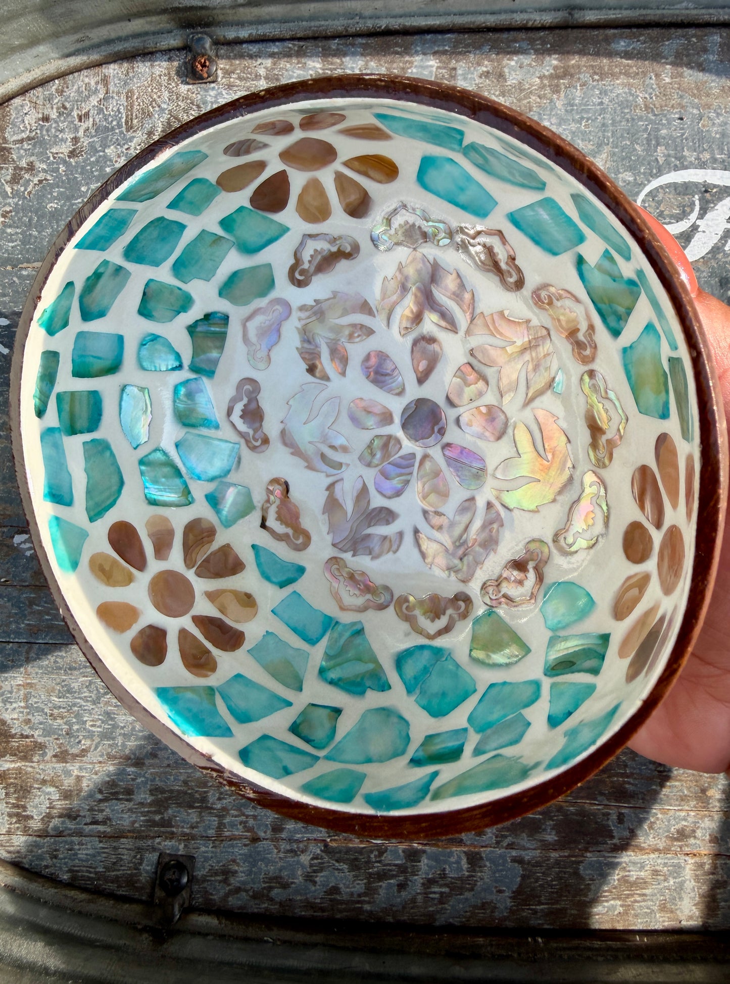 Gorgeous Mosaic Coconut Bowl with Shell Inlay | 6"