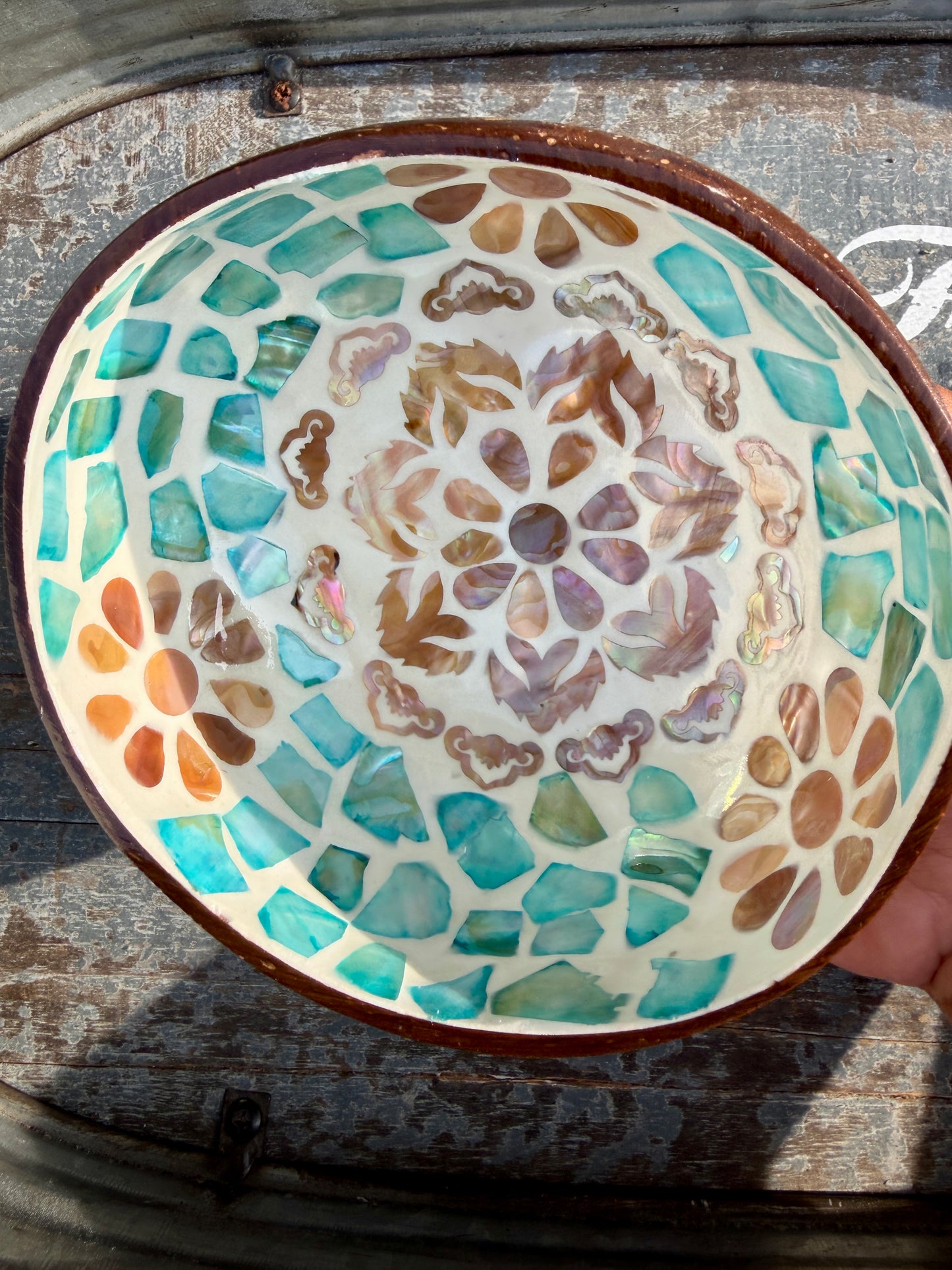 Gorgeous Mosaic Coconut Bowl with Shell Inlay | 6"