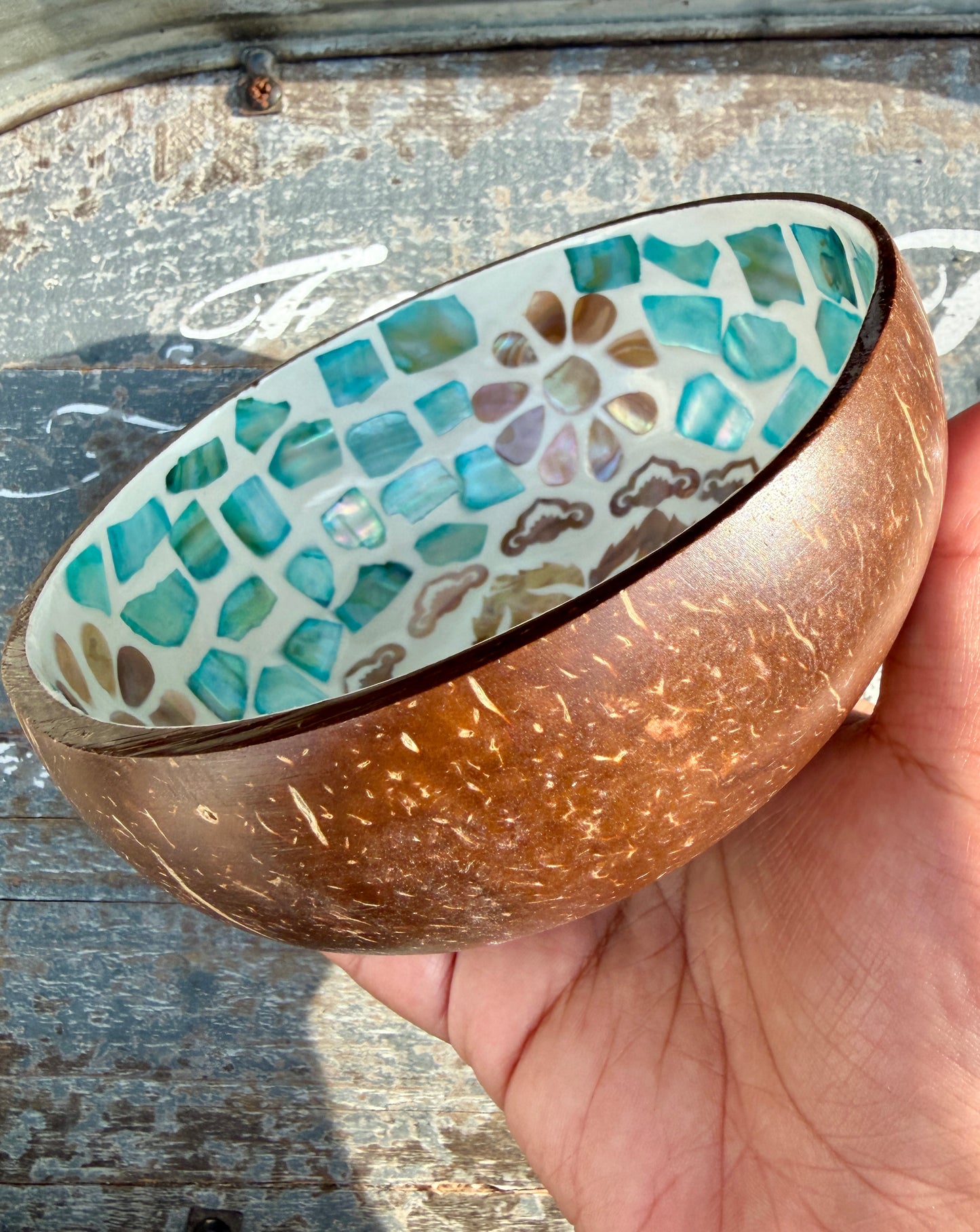 Gorgeous Mosaic Coconut Bowl with Shell Inlay | 6"