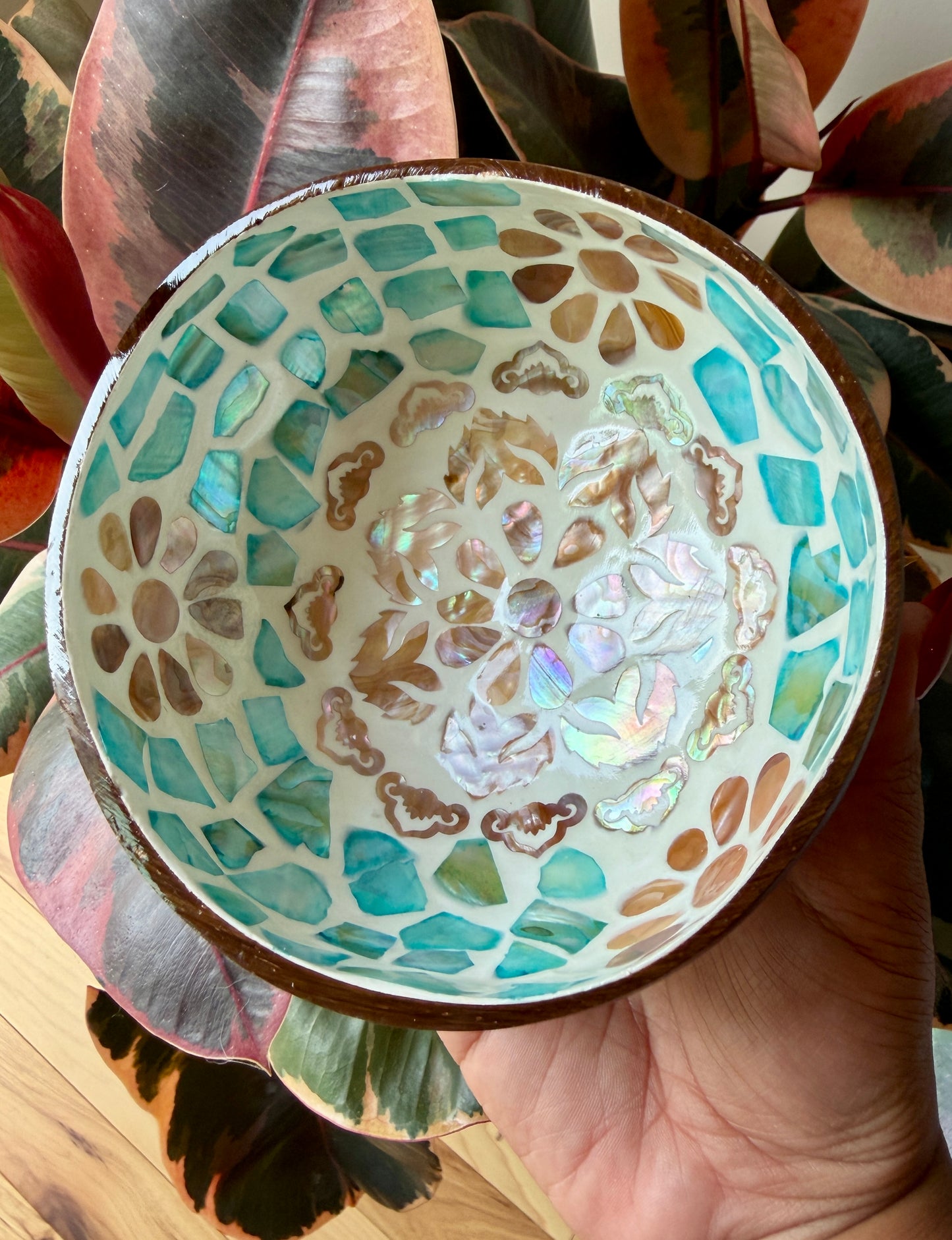 Gorgeous Mosaic Coconut Bowl with Shell Inlay | 6"