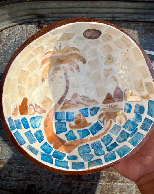 Gorgeous Beach Mosaic Coconut Bowl with Shell Inlay | 6"