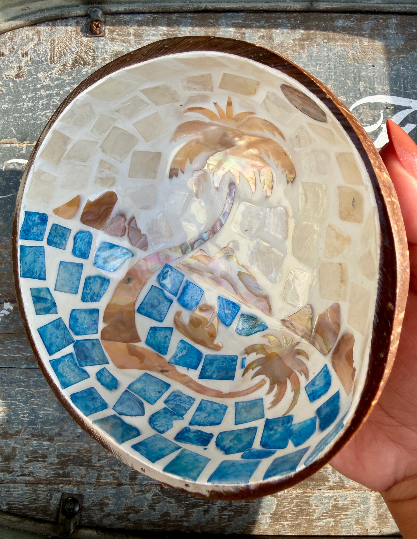 Gorgeous Beach Mosaic Coconut Bowl with Shell Inlay | 6"