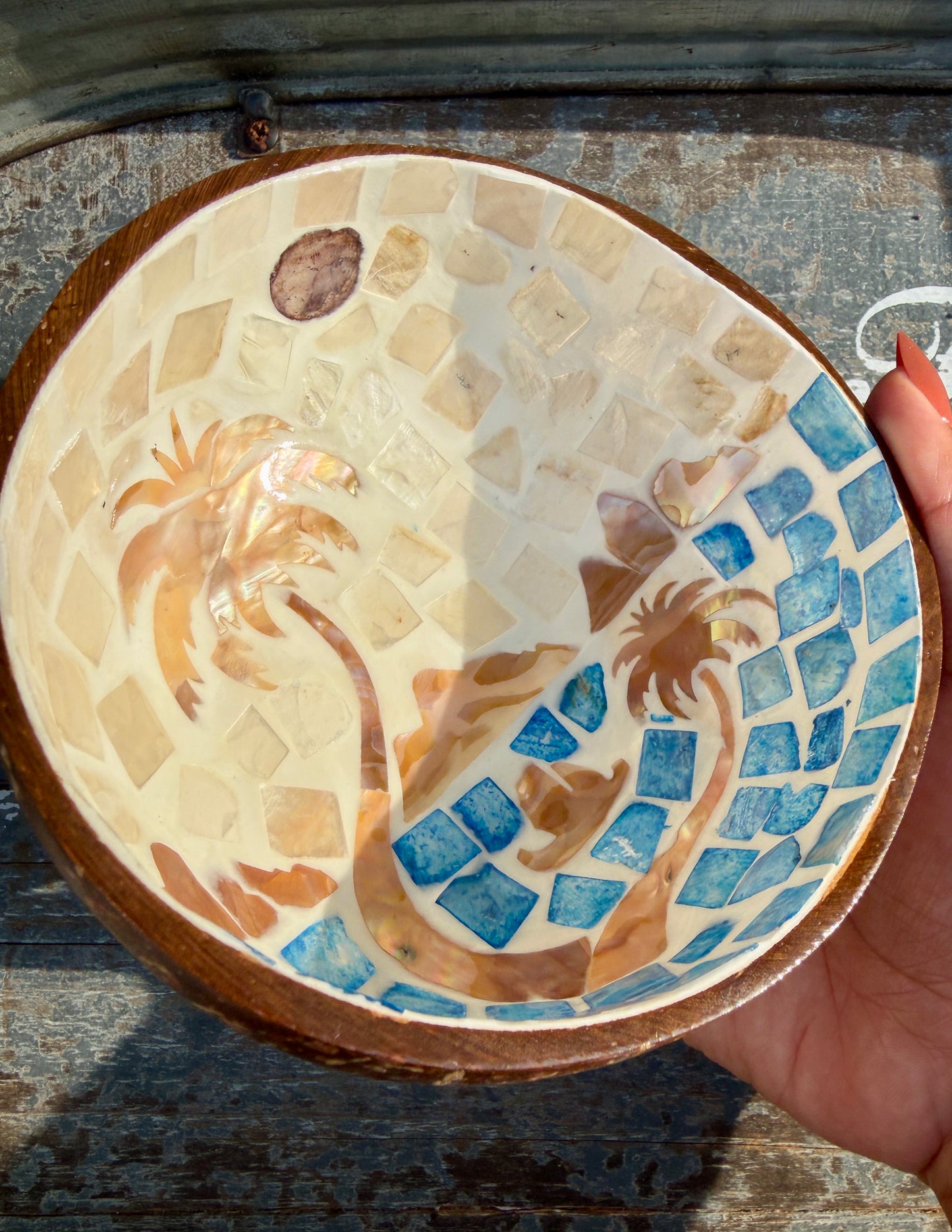 Gorgeous Beach Mosaic Coconut Bowl with Shell Inlay | 6"