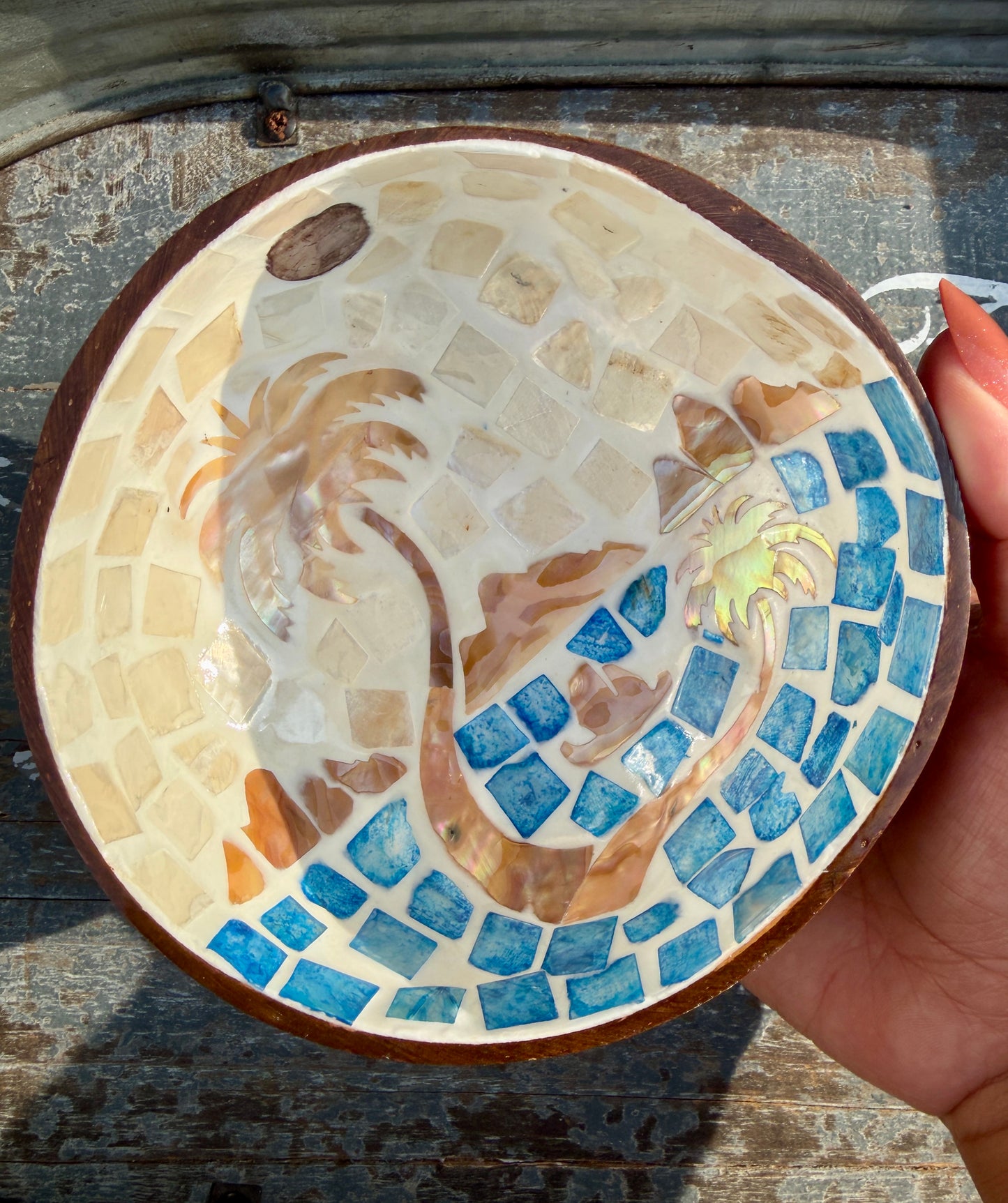 Gorgeous Beach Mosaic Coconut Bowl with Shell Inlay | 6"